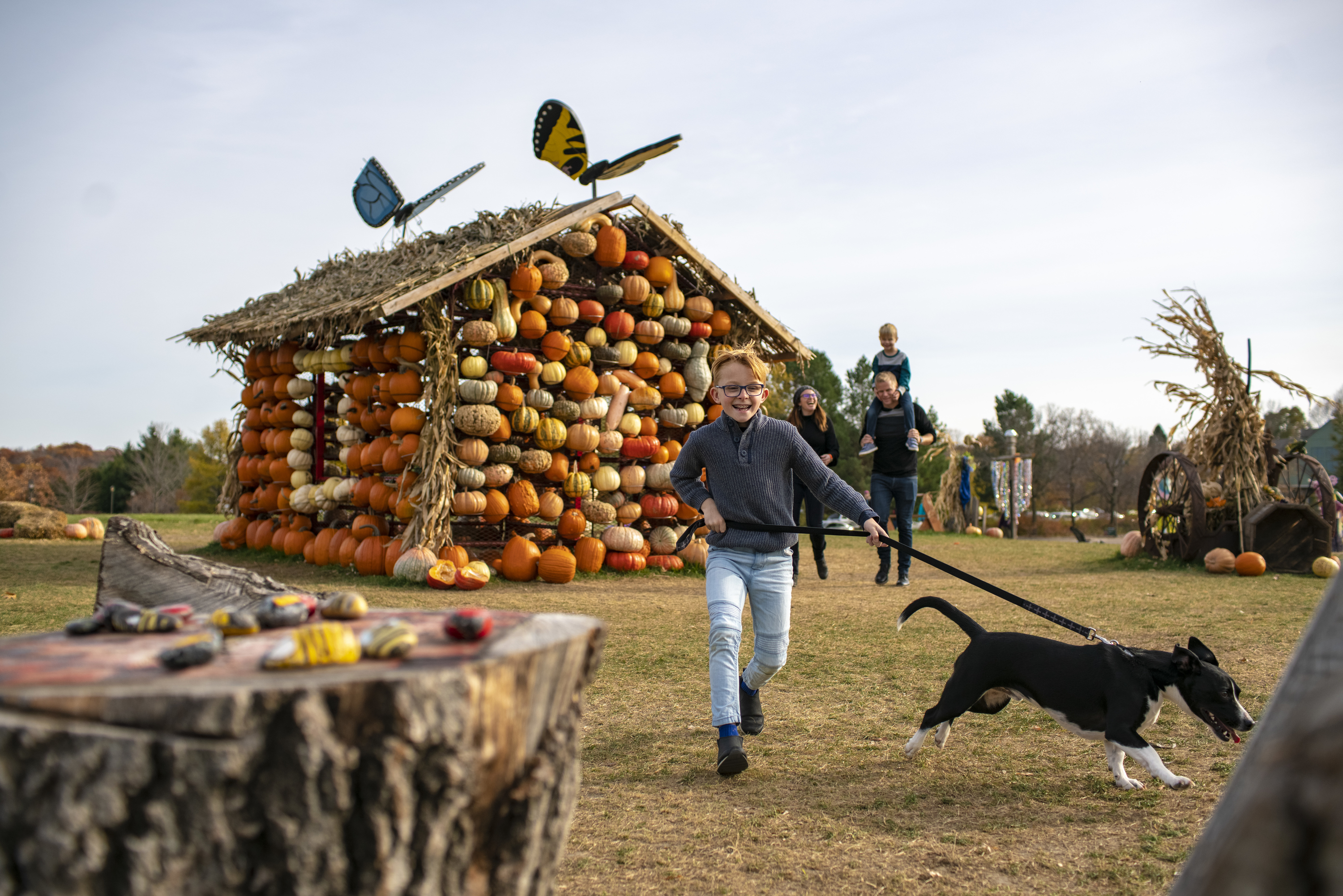 Niño y perro delante de la casa de calabazas