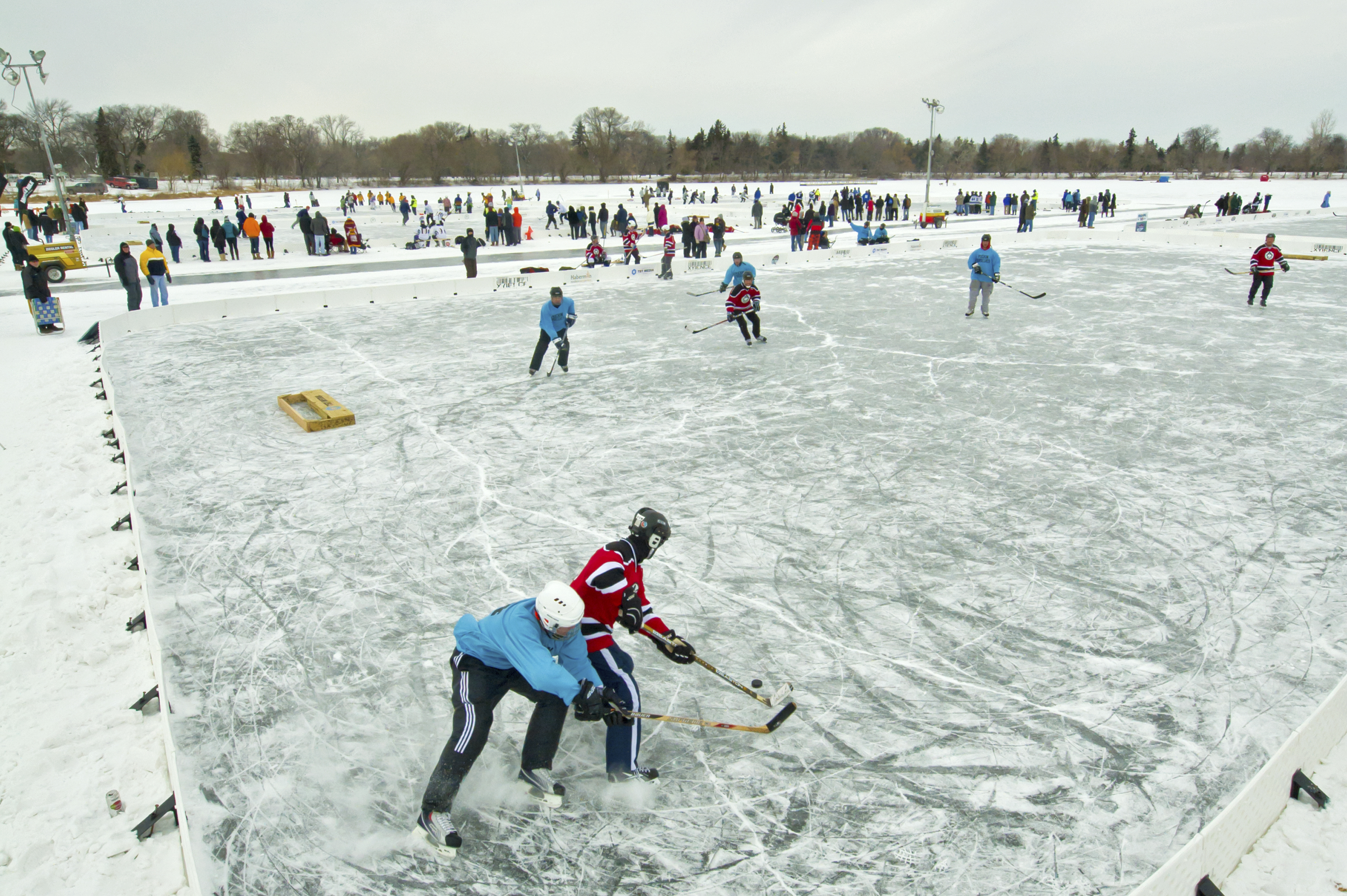 Los jugadores de hockey de charco persiguen el disco