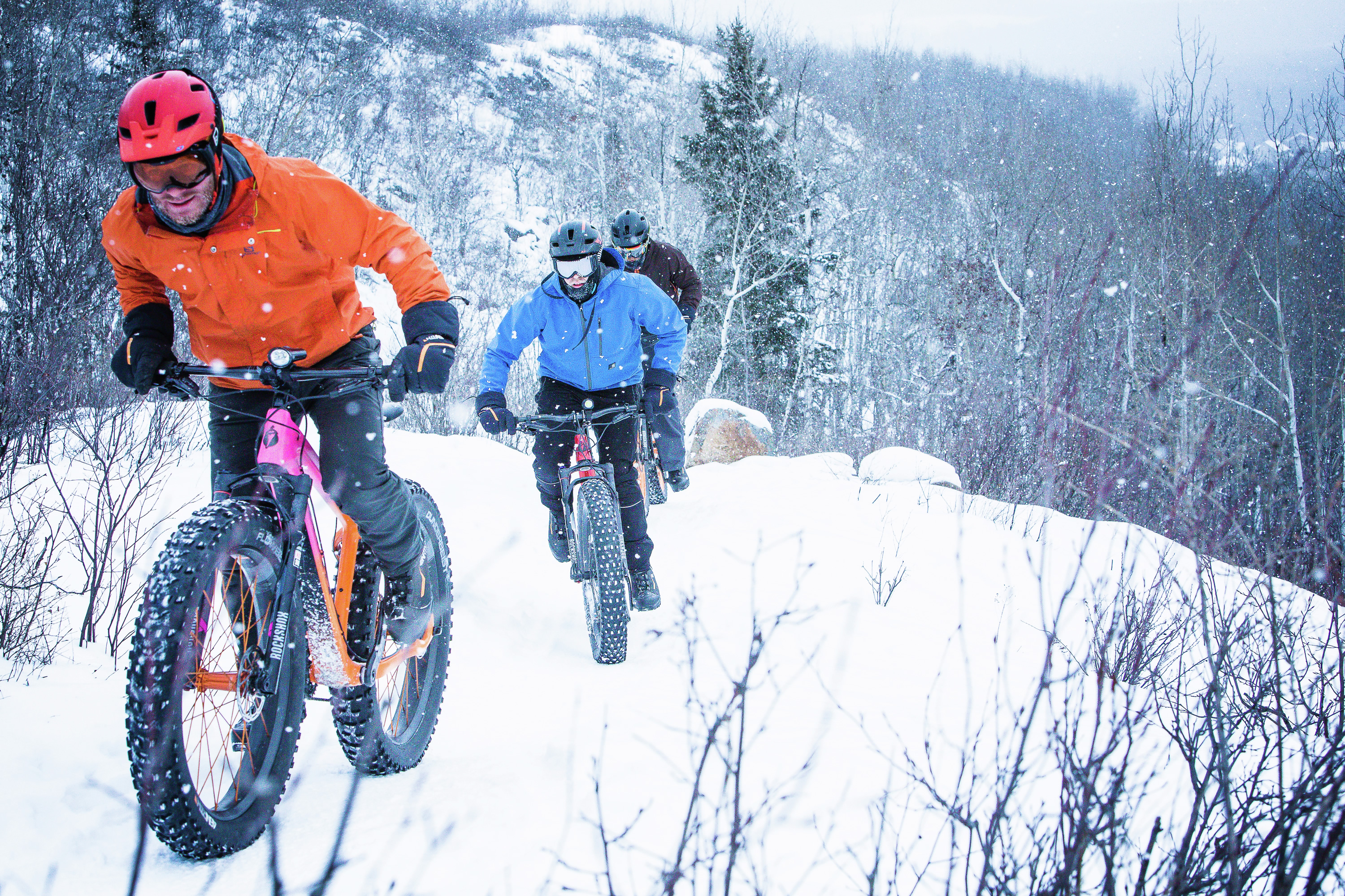 Three fat bikers in the snow near Duluth