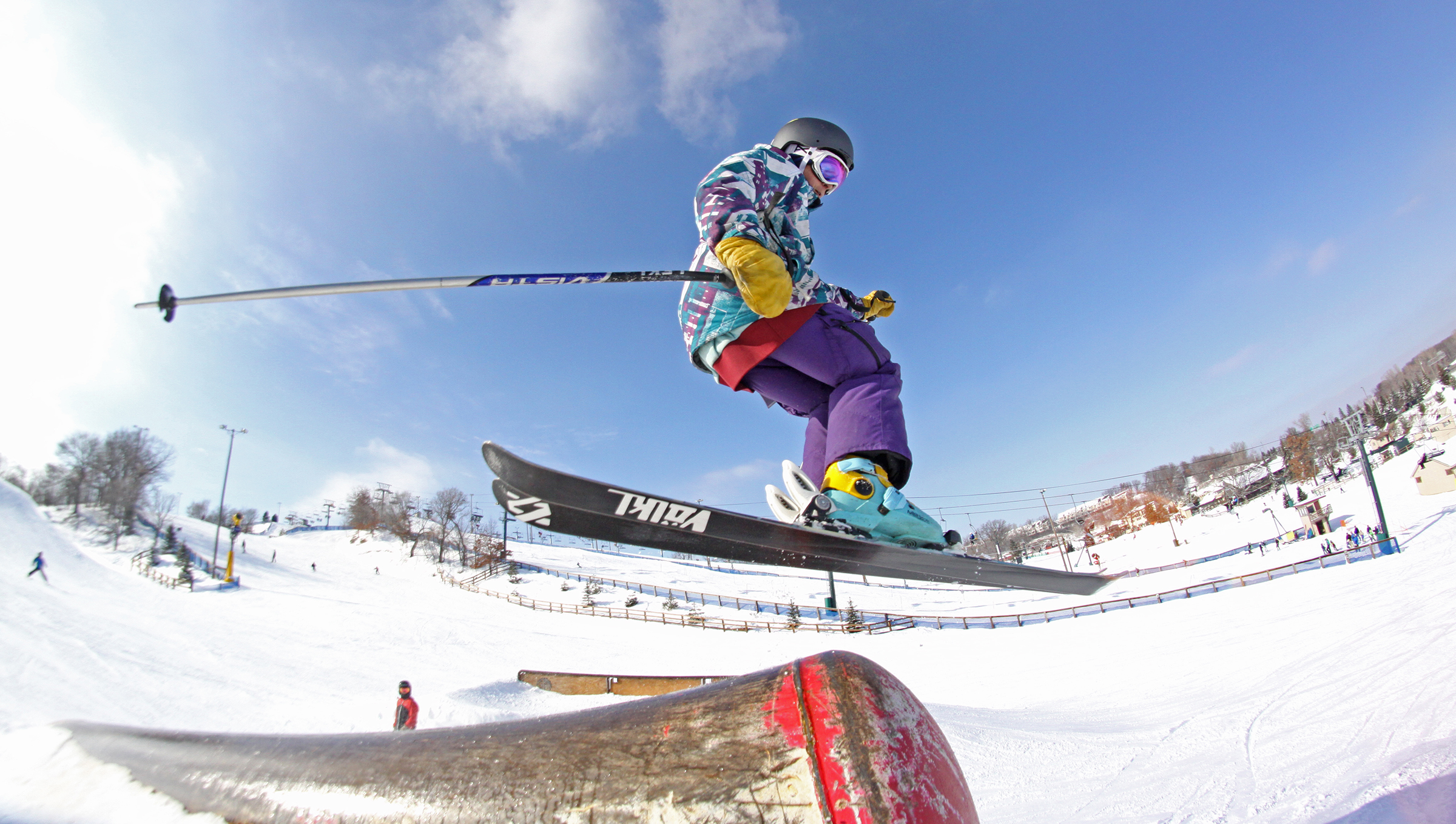 Downhill skier hits a grind at Buck Hill