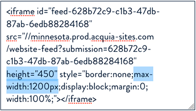 IFRAME code snippet with width and height attributes highlighted