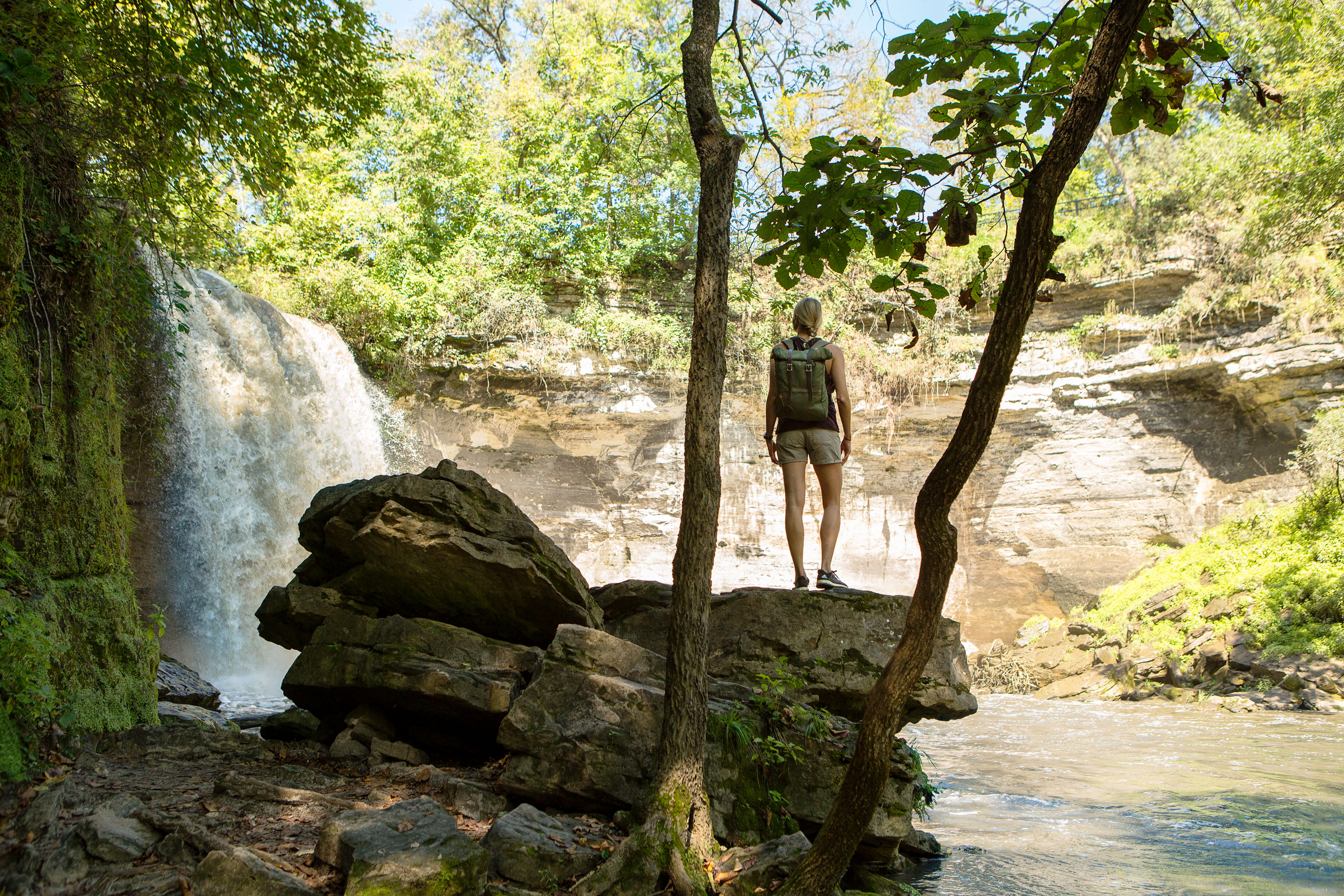 Woman at the Minneopa State Park waterfall
