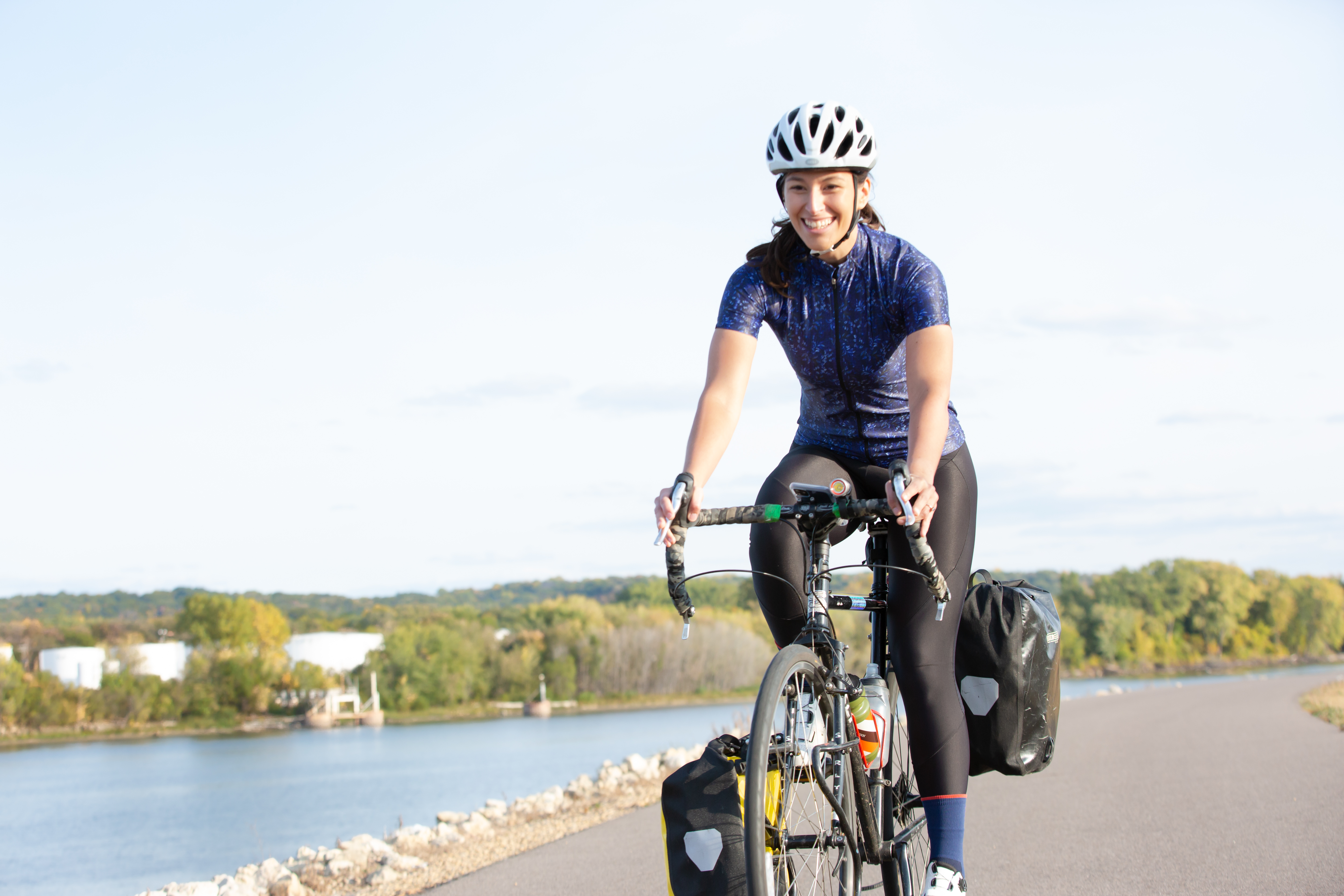 Woman bike touring the Mississippi River Trail
