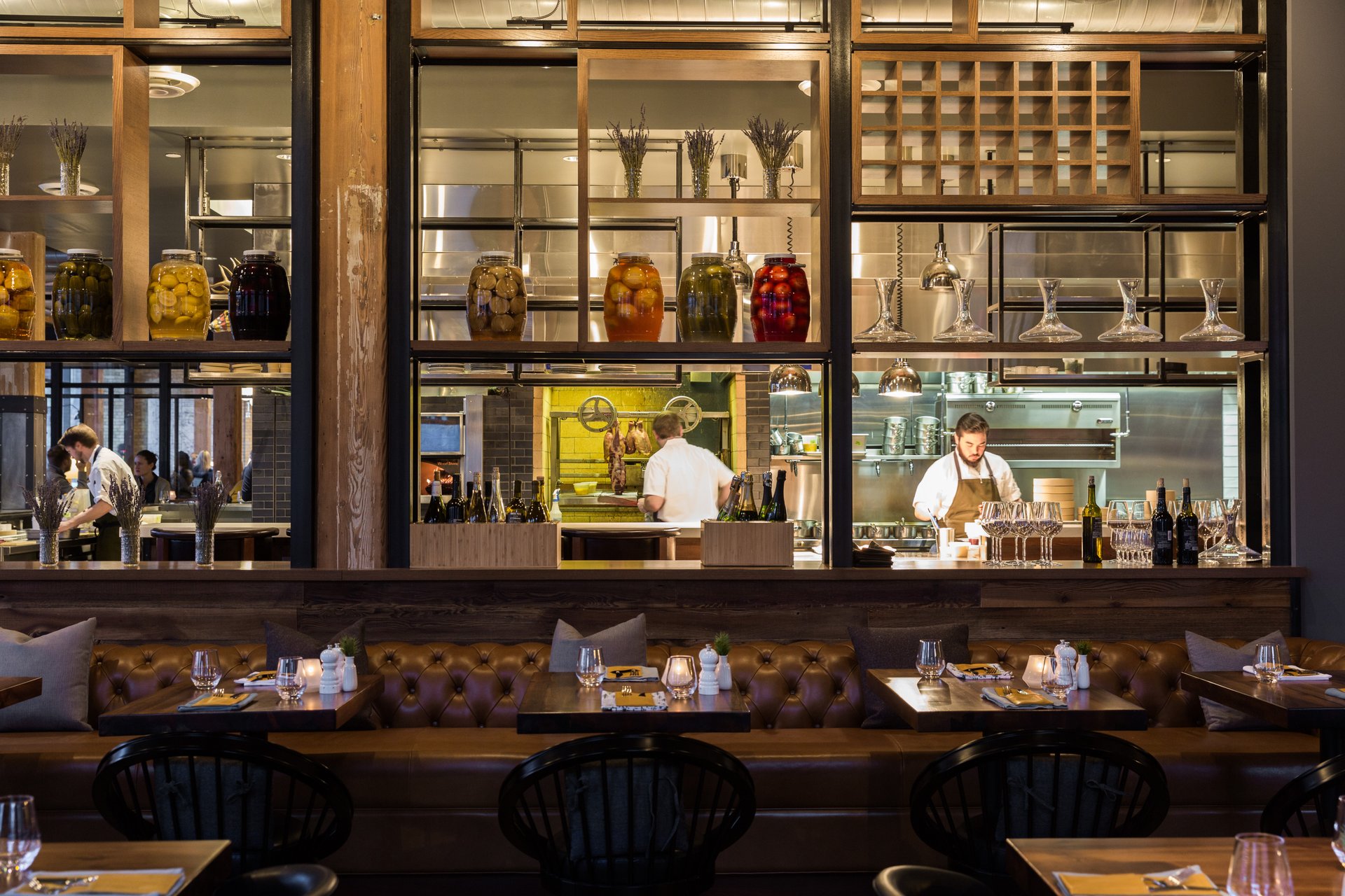 The interior and kitchen of Tullibee at the Hewing Hotel