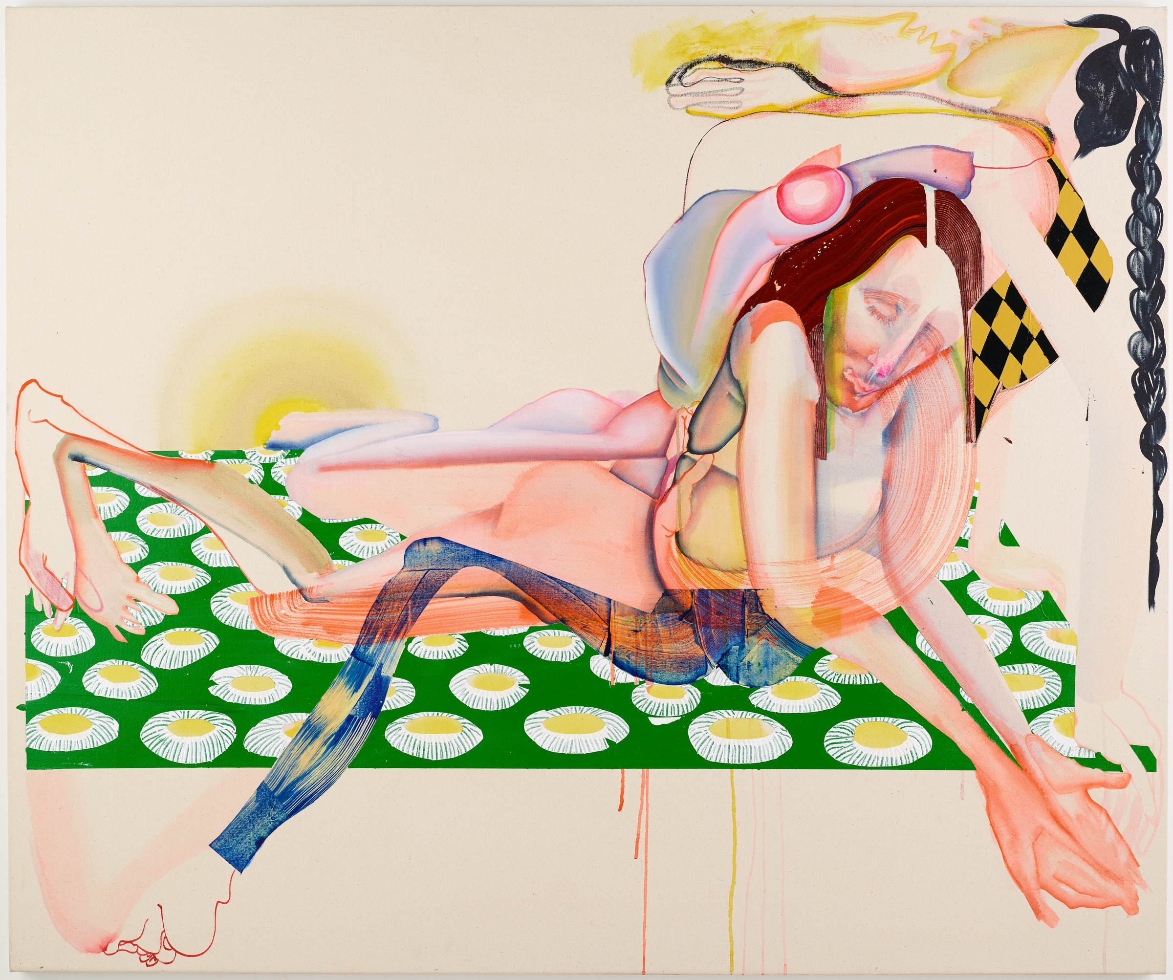Feel'd by Christina Quarles depicts multiple women’s bodies intertwined on a bright green surface