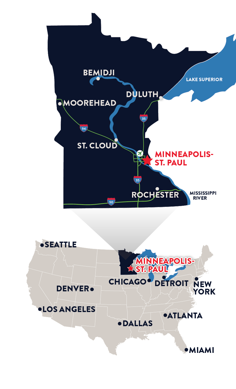Stadtplan von Minnesota mit Details zu den Entfernungen zu wichtigen Städten sowie zu Sehenswürdigkeiten für Minneapolis/St. Paul