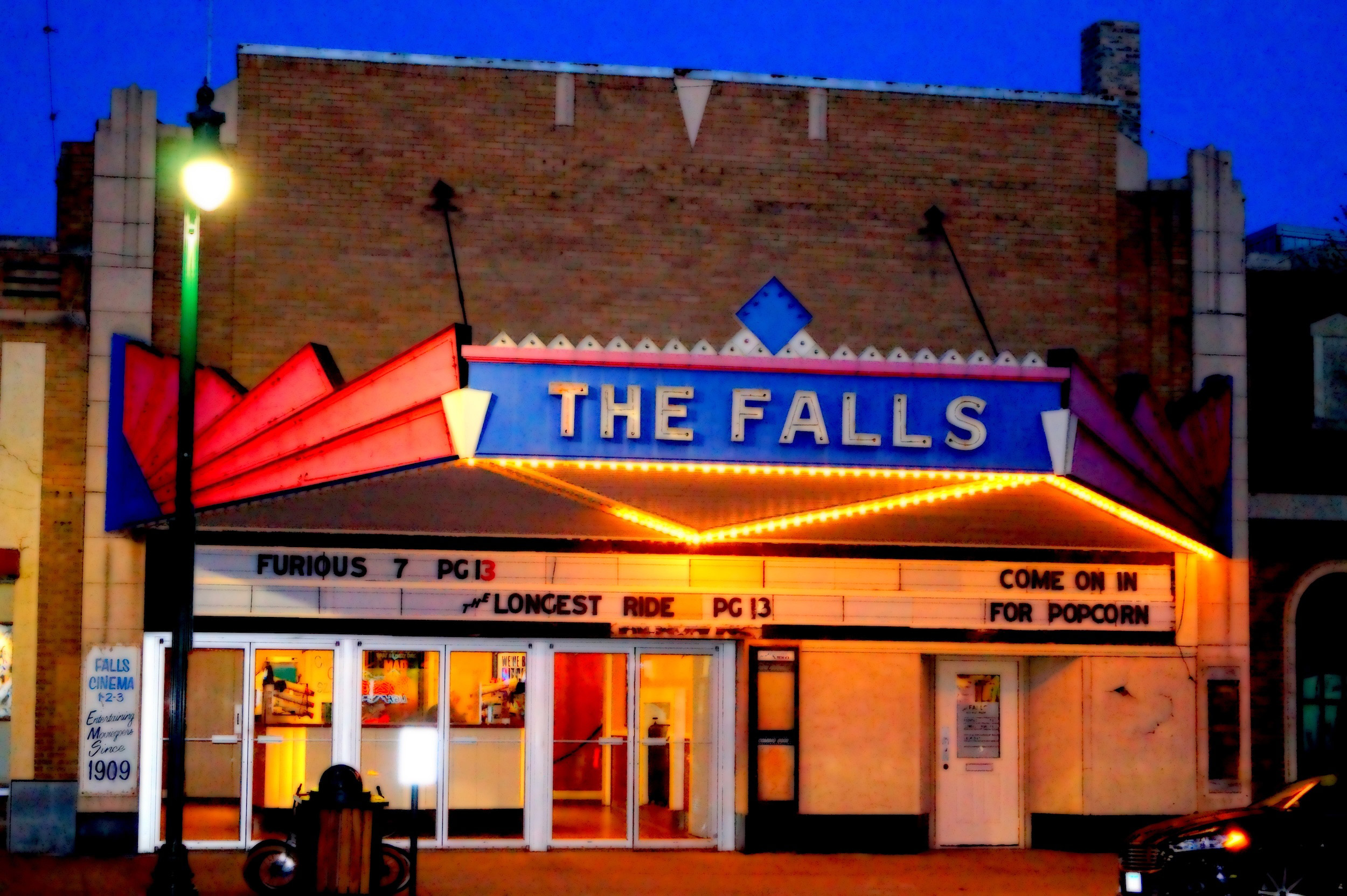 The marquee at The Falls Theatre in Little Falls