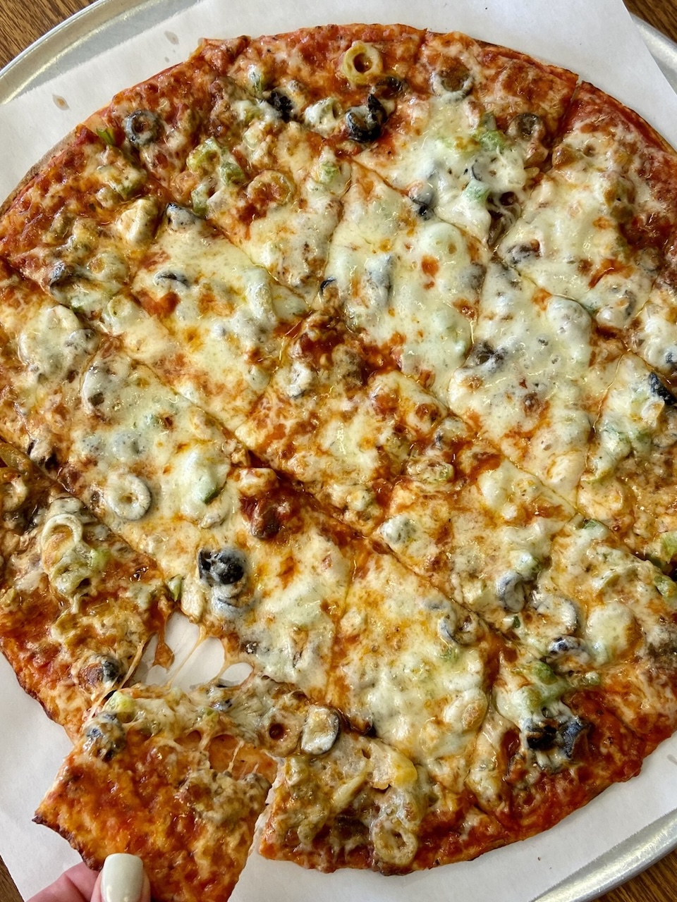 Jake's Stadium Pizza cheese pull