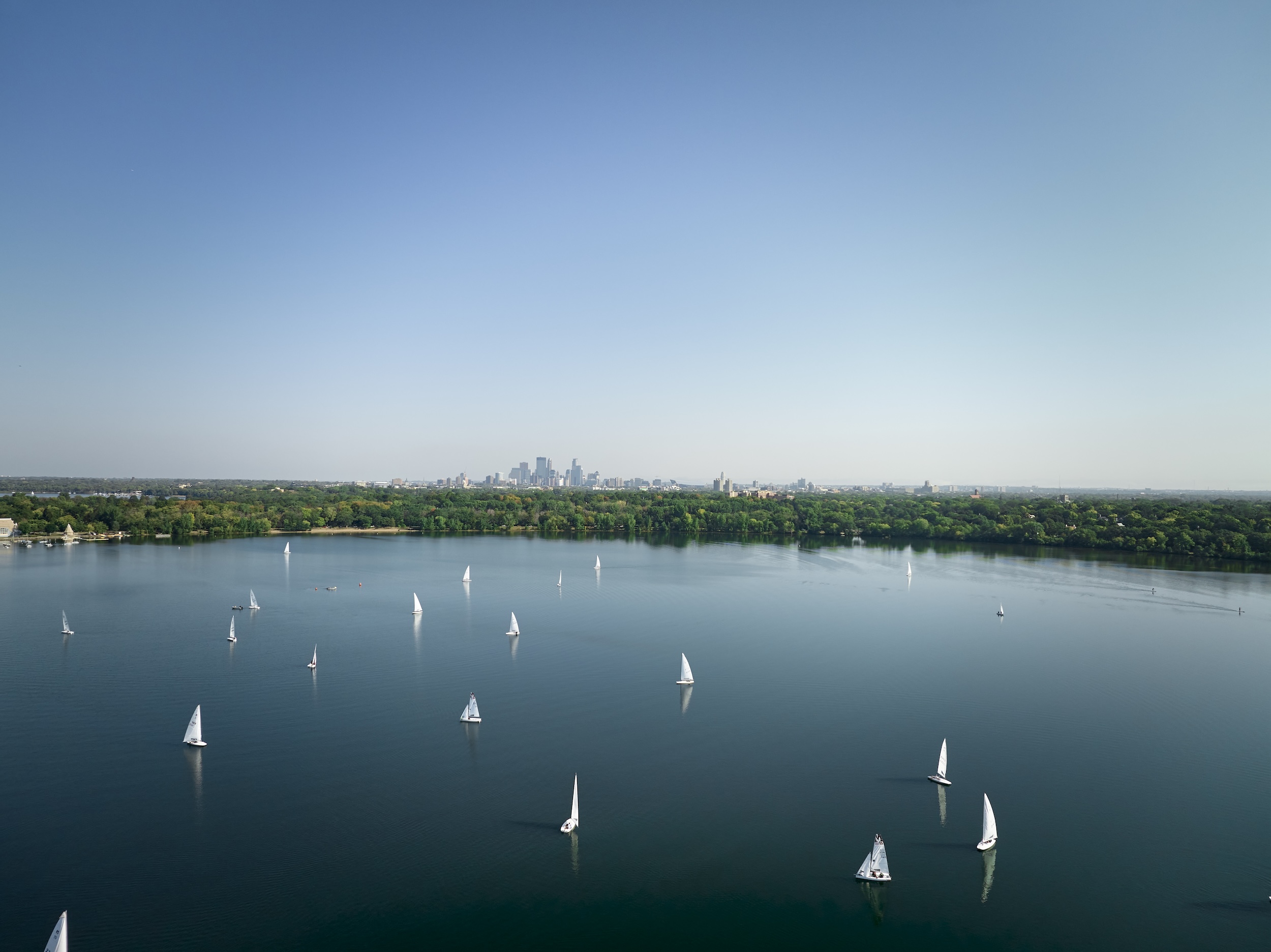 A drone shot of Lake Harriet in Minneapolis