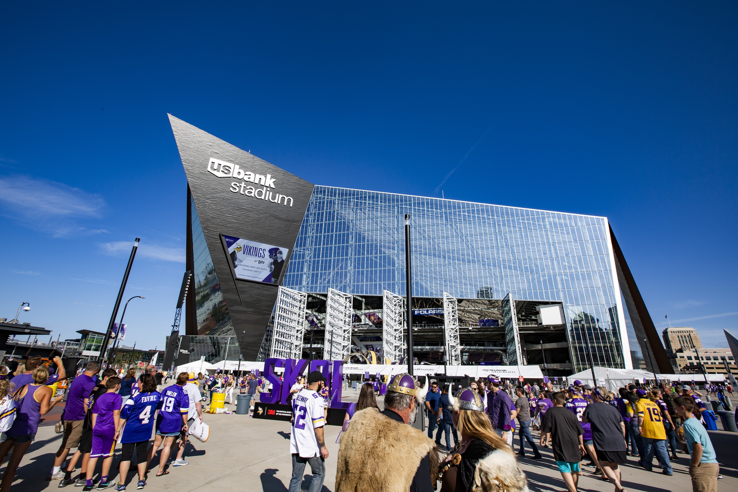 Vikings fans gather outside U.S. Bank Stadium
