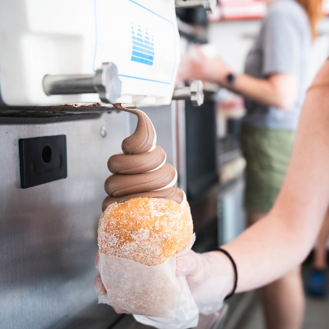 A donut filled with soft-serve ice cream at Bogart's