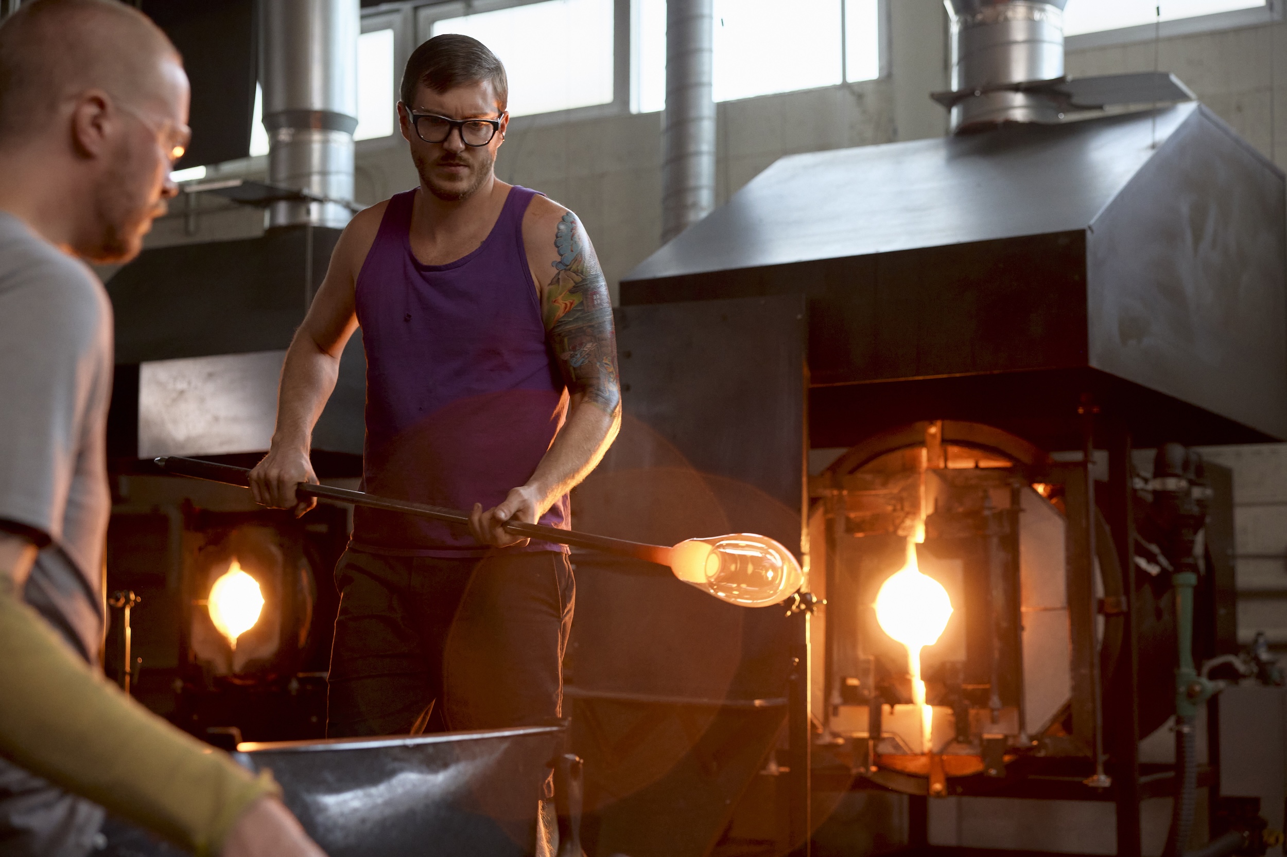 A glassblown piece gets fired at Hennepin Made