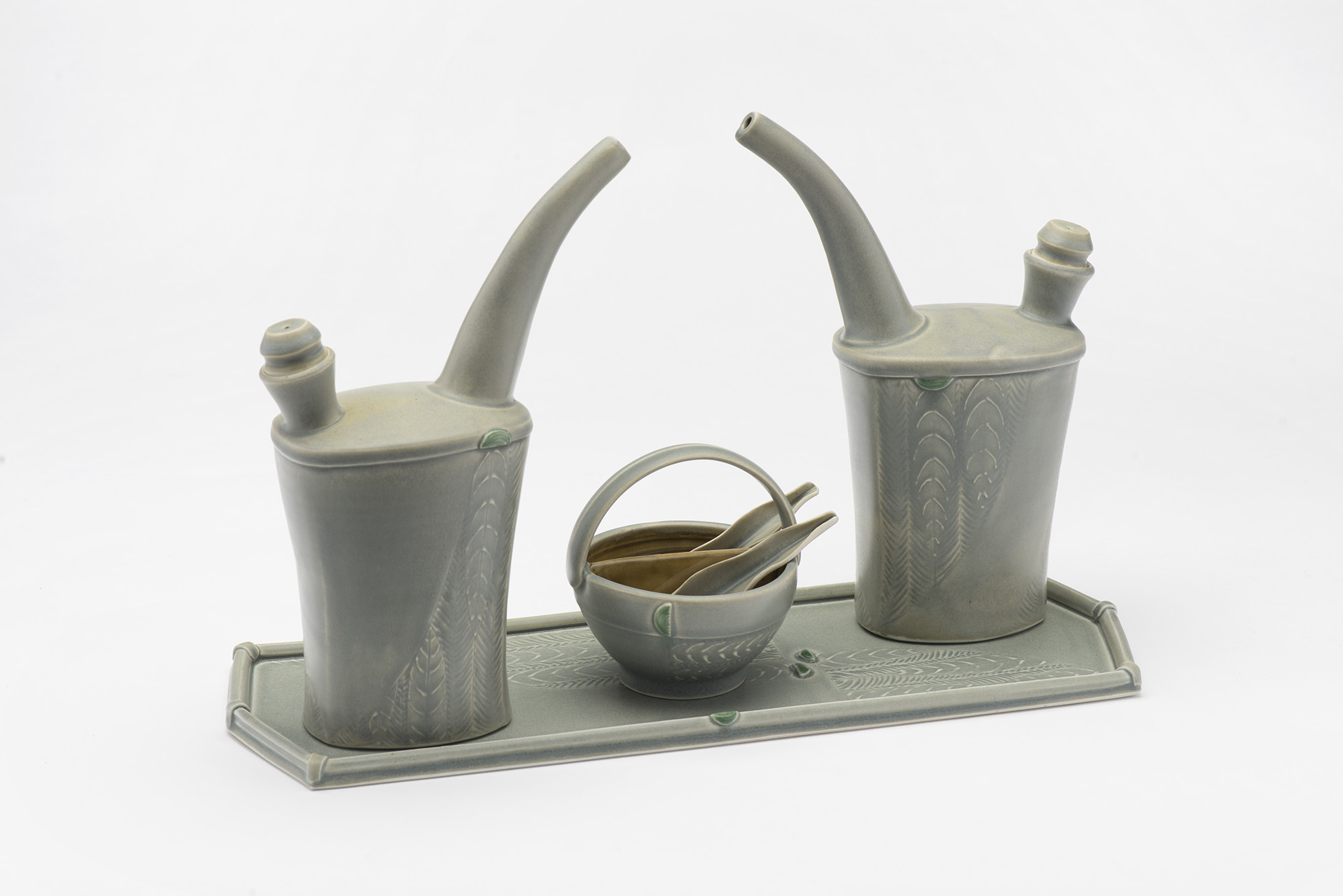 Featured pieces in a pottery exhibition at Weisman Art Museum