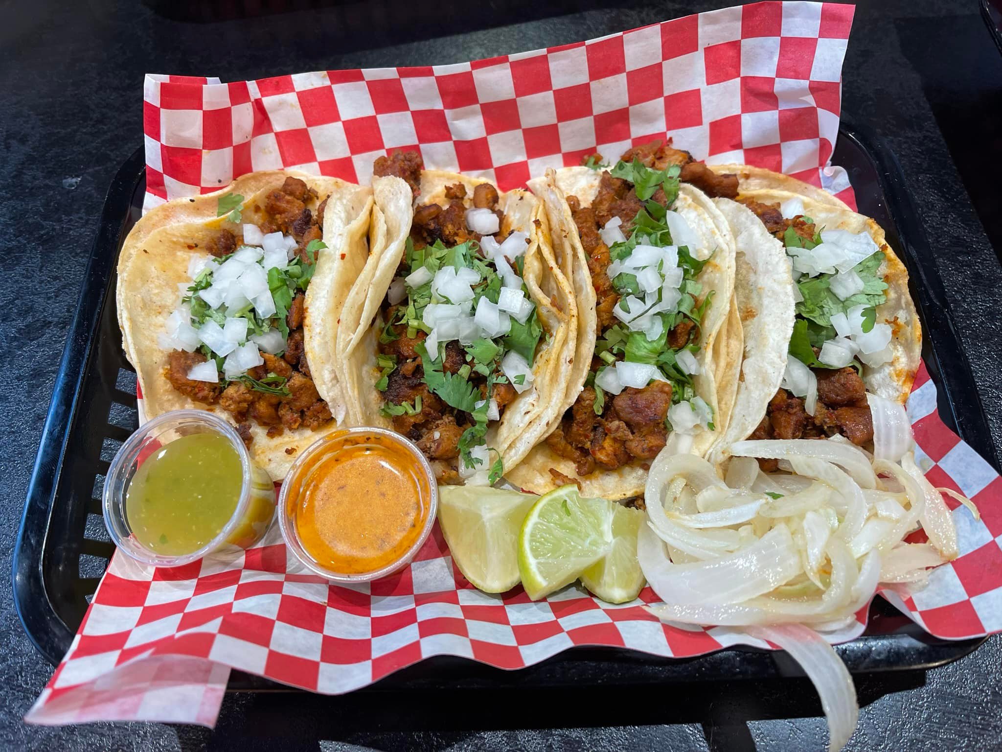Street tacos at La Poblanita Tortilleria and Taqueria