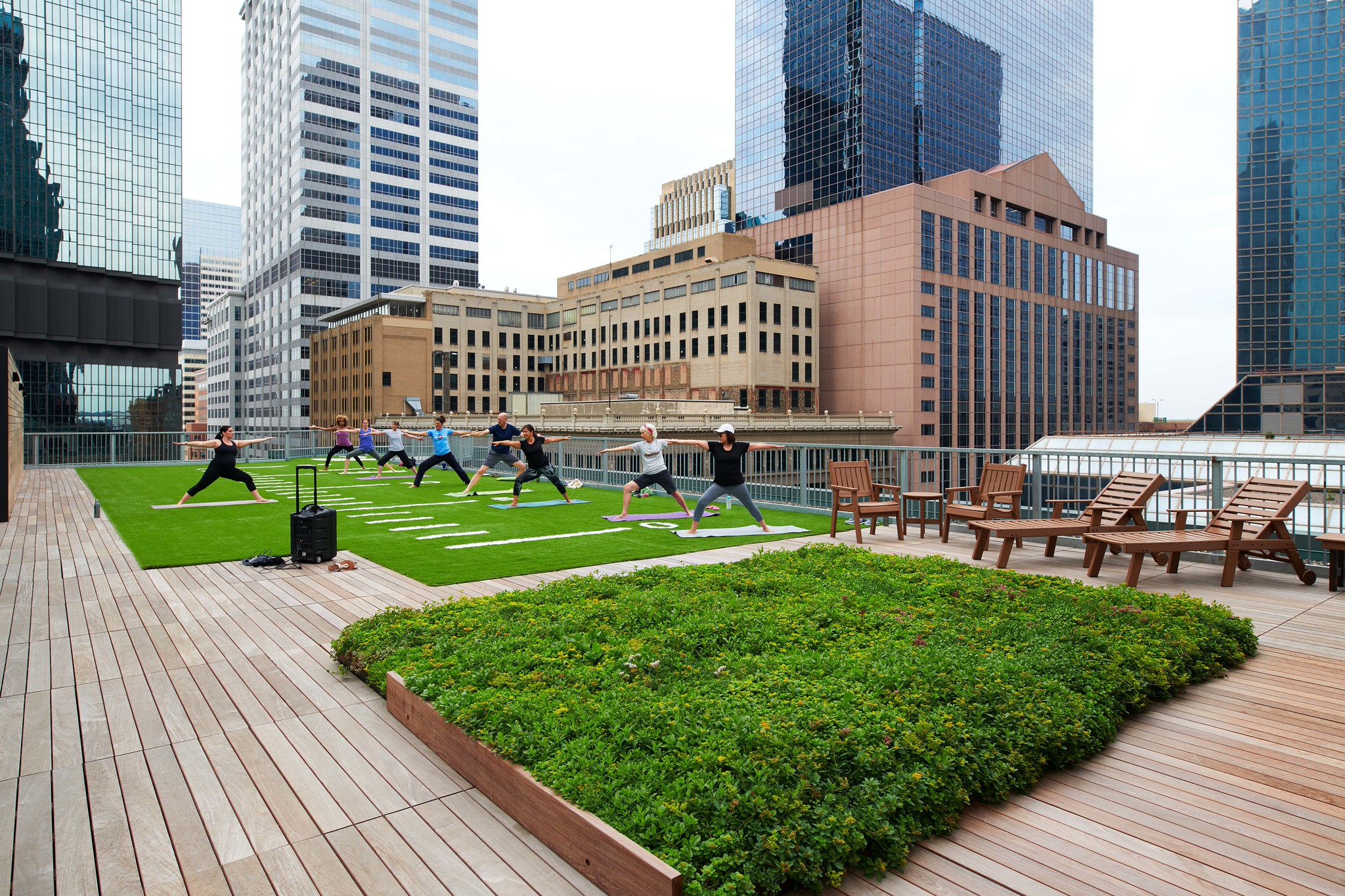 A yoga class on the rooftop of the Douglas Dayton YMCA gym