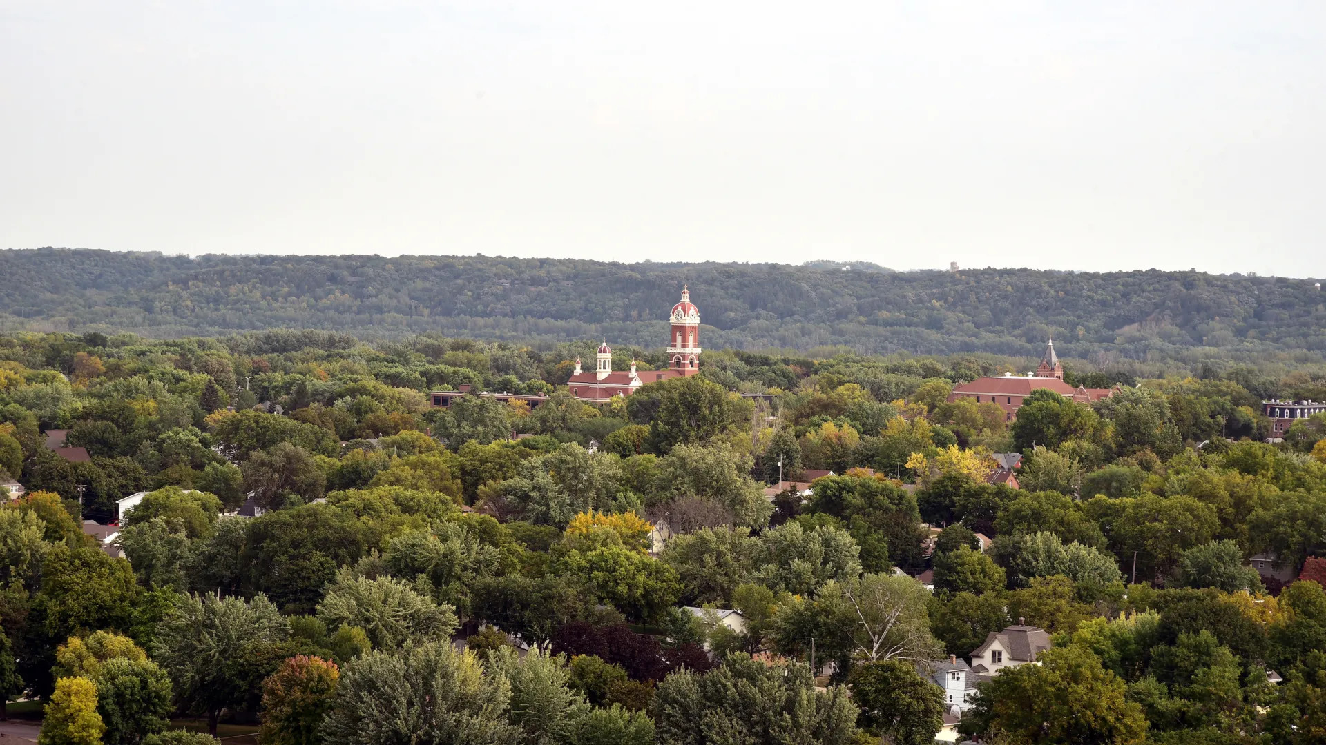 An aerial view of New Ulm from atop Hermann the Germann 