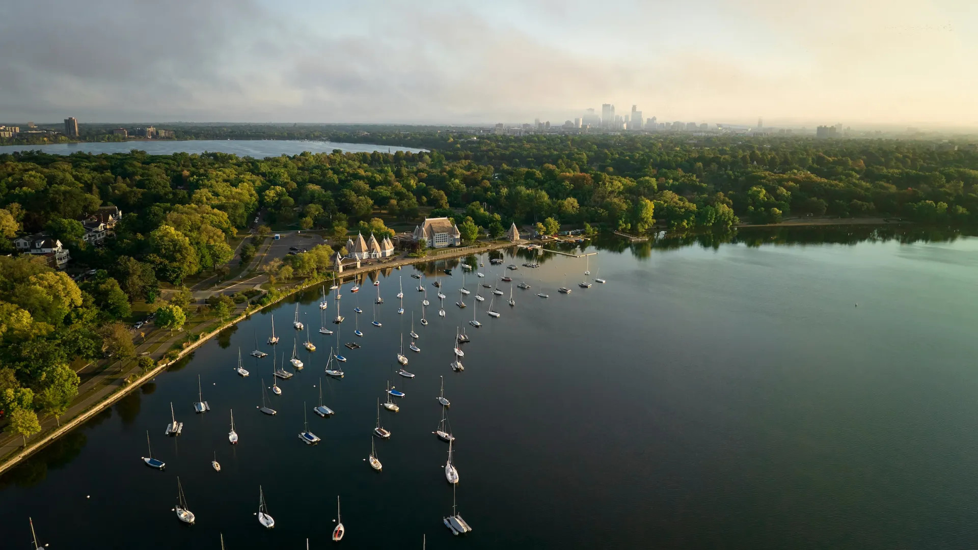 A drone shot of Lake Harriet in Minneapolis