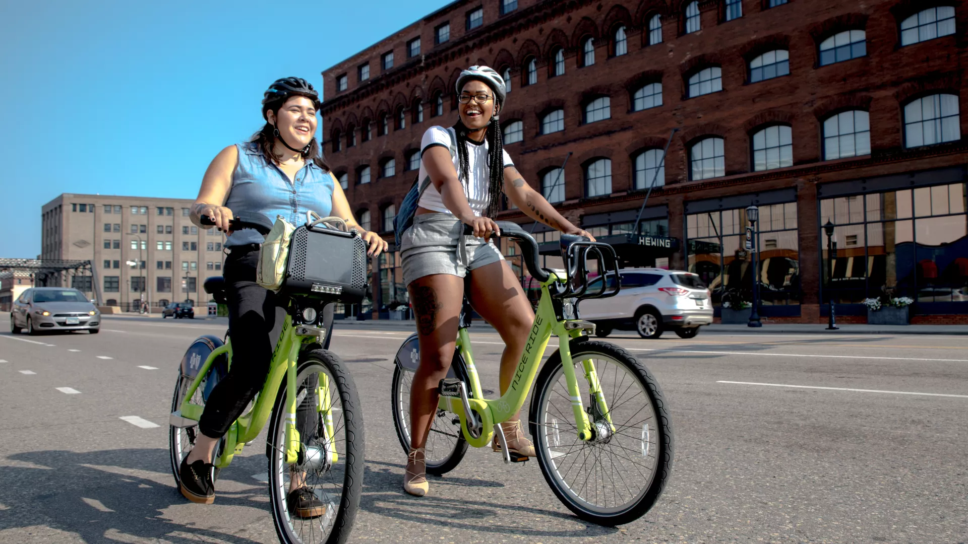 Two bikers in the North Loop of Minneapolis