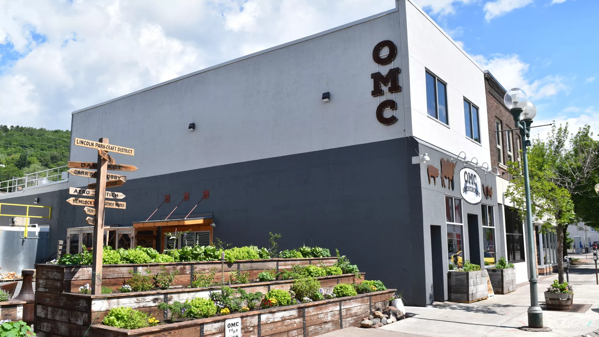 Exterior of OMC Smokehouse and stepped flower planters
