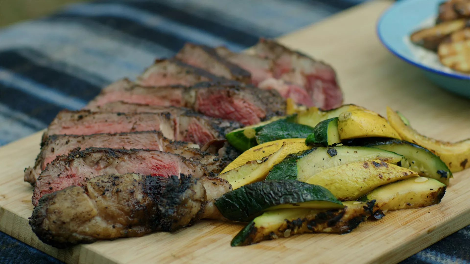 Coffee Rub Ribeye with Cowboy Chips and Grilled vegetables