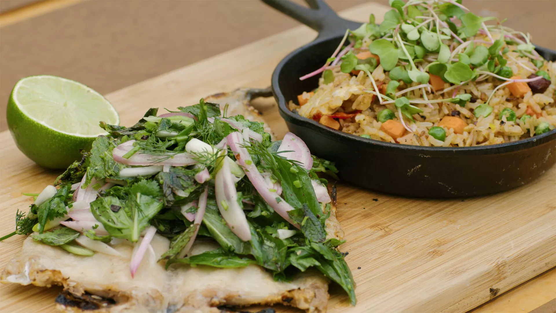 Grilled Rainbow Trout with Herbed Salad and Fried Rice