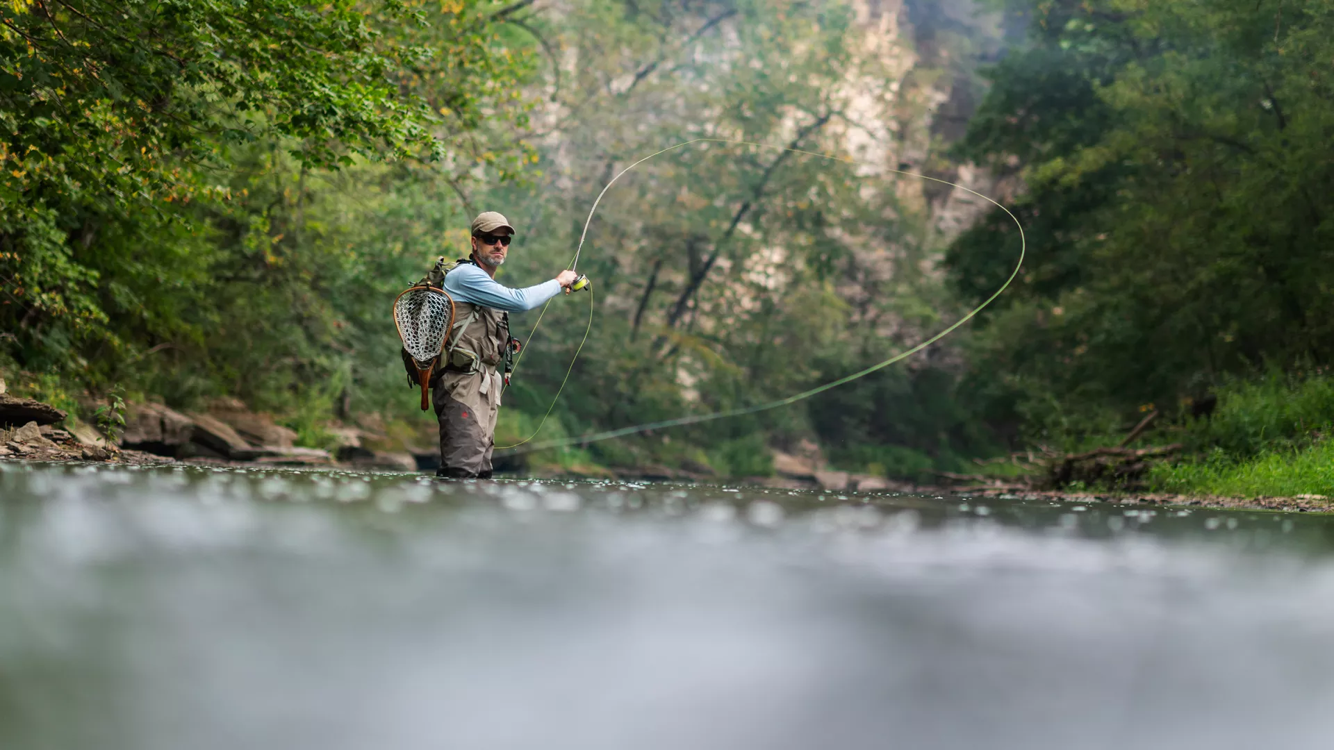 A man fly fishing in Root River, Spring Valley