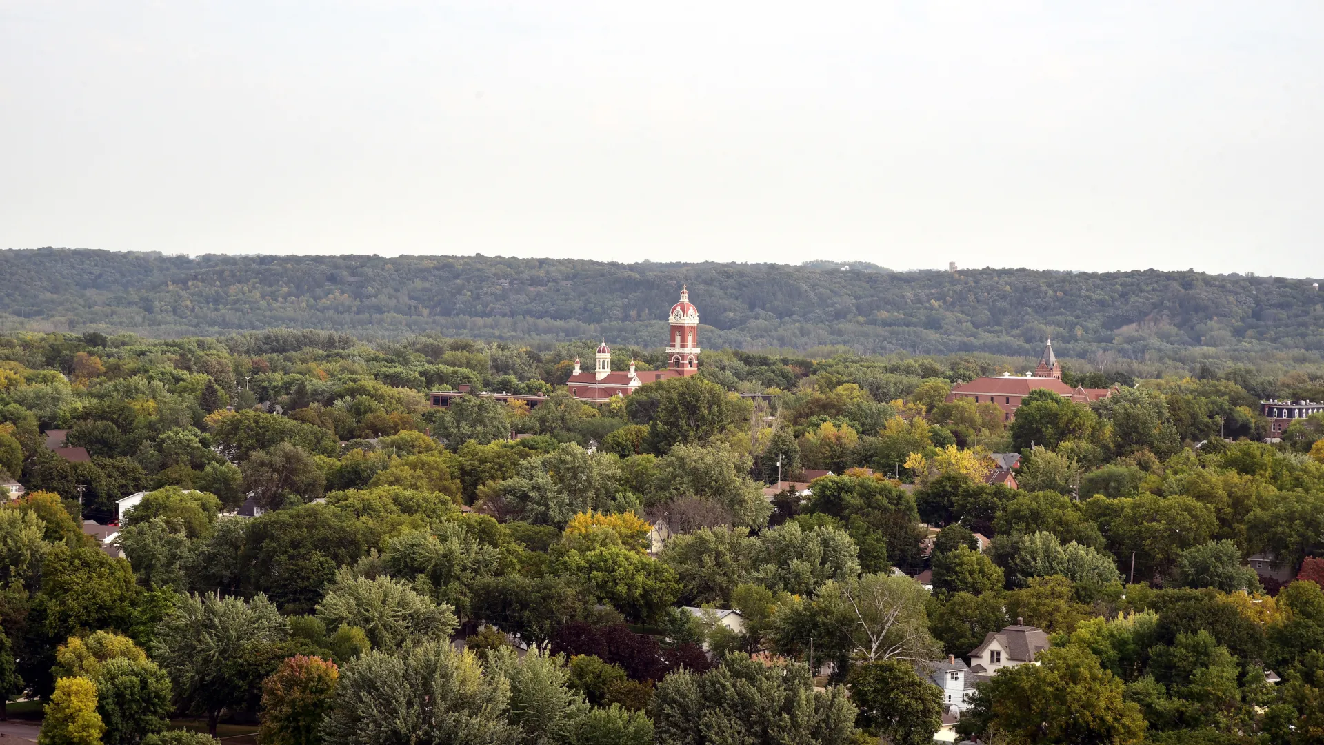 An aerial view of New Ulm from atop Hermann the Germann 