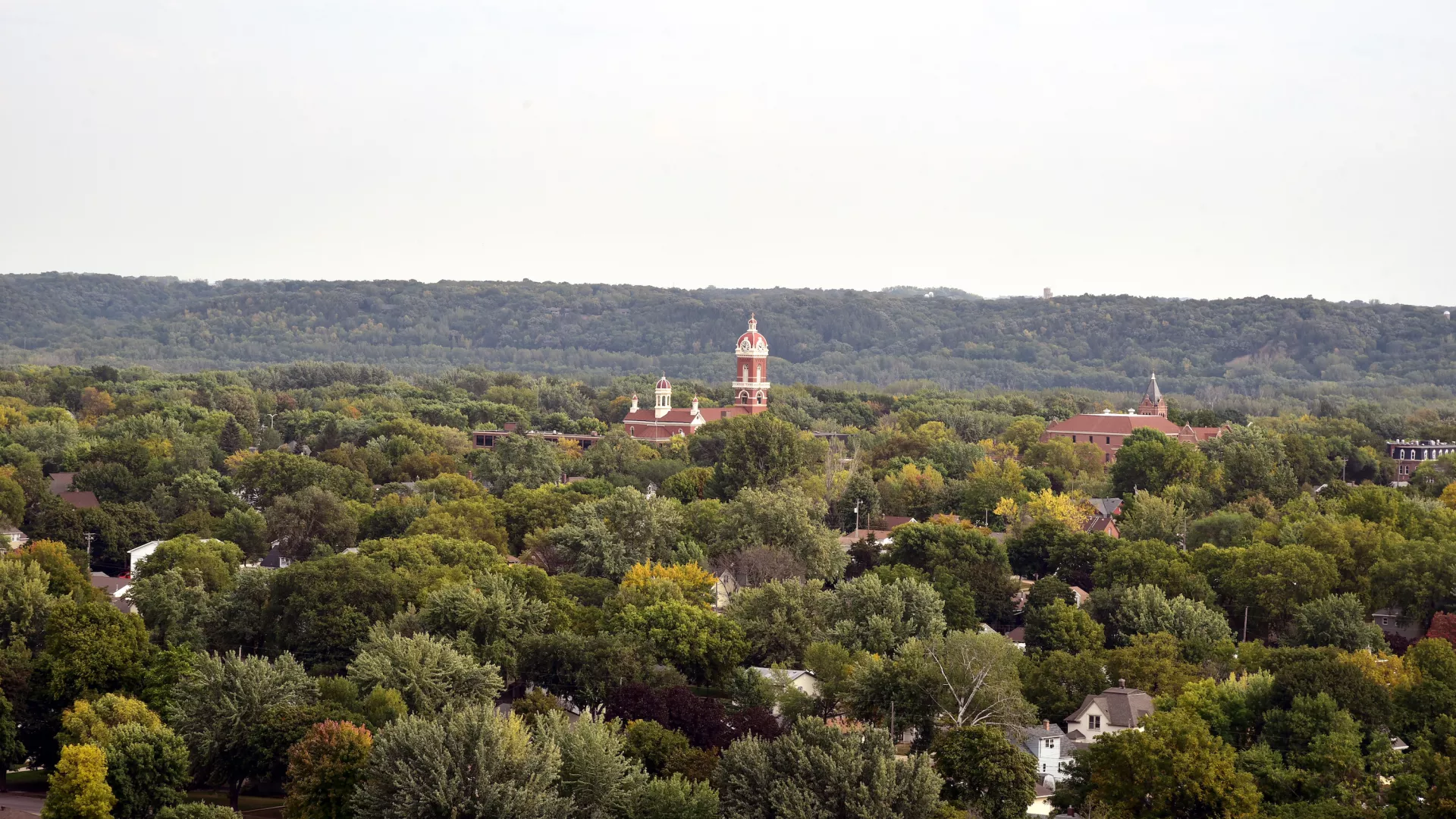 An aerial view of New Ulm from atop Hermann the Germann 