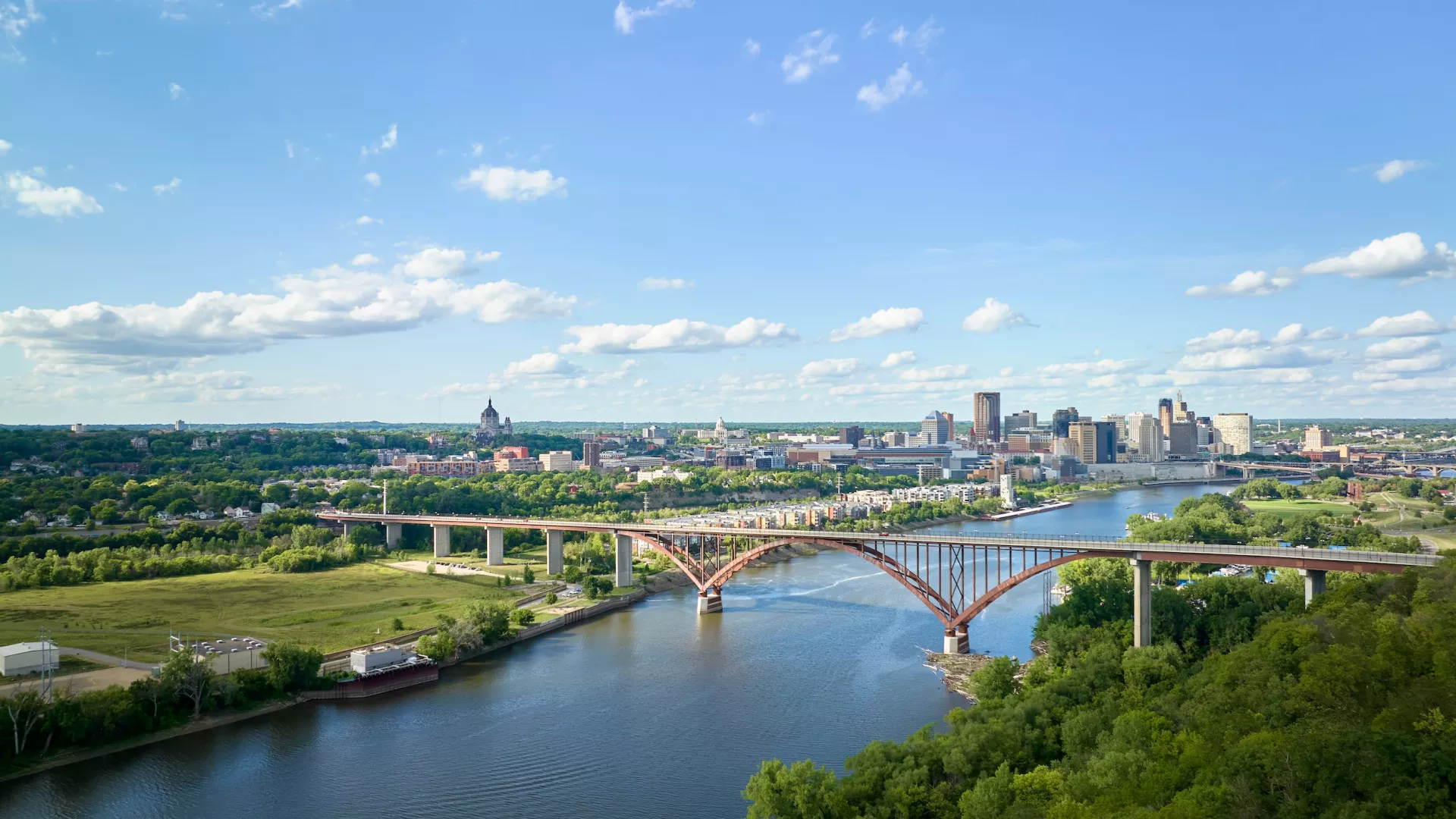A drone shot of the Mississippi River in St. Paul