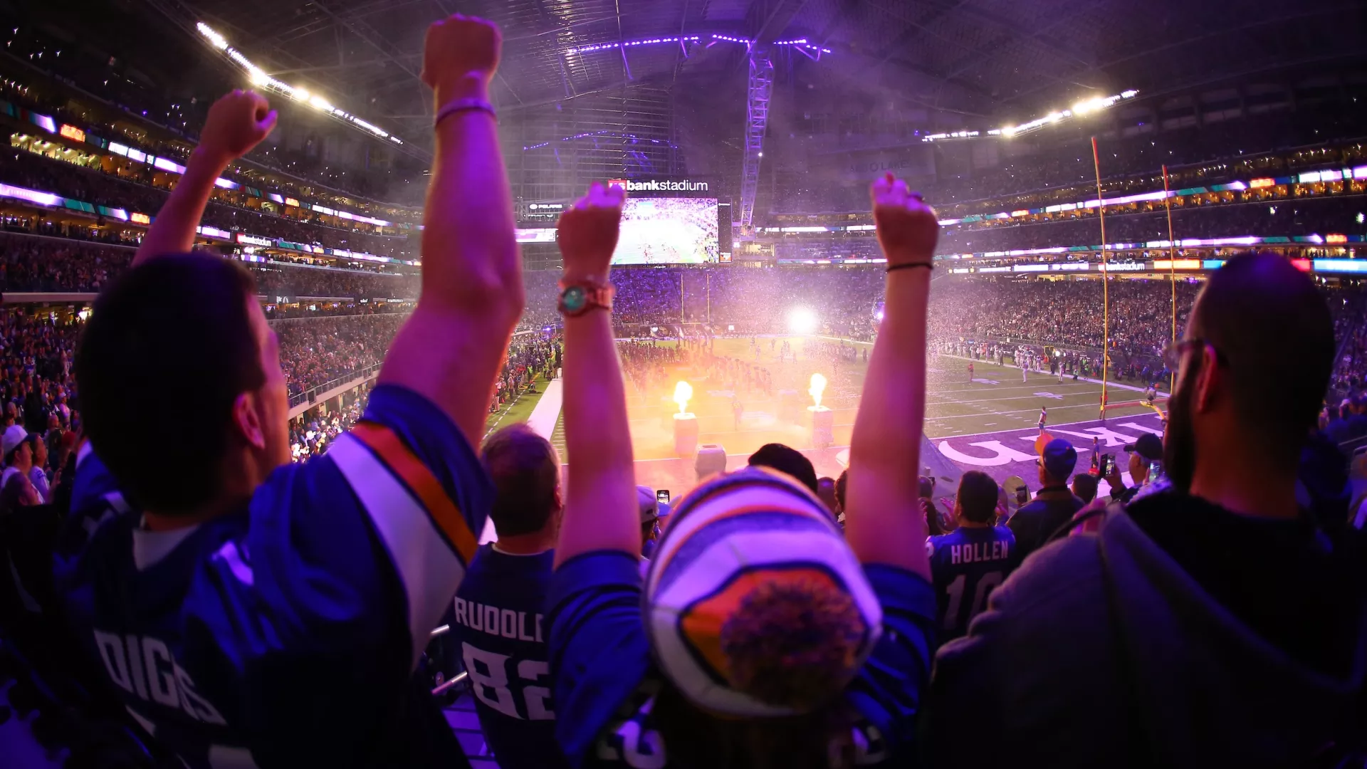 Minnesota Vikings fans cheering at U.S. Bank Stadium