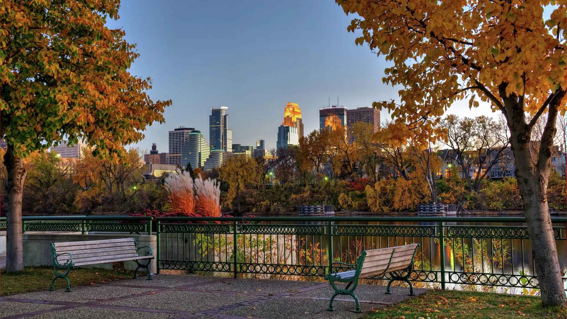 Minneapolis skyline from Boom Island Park in fall