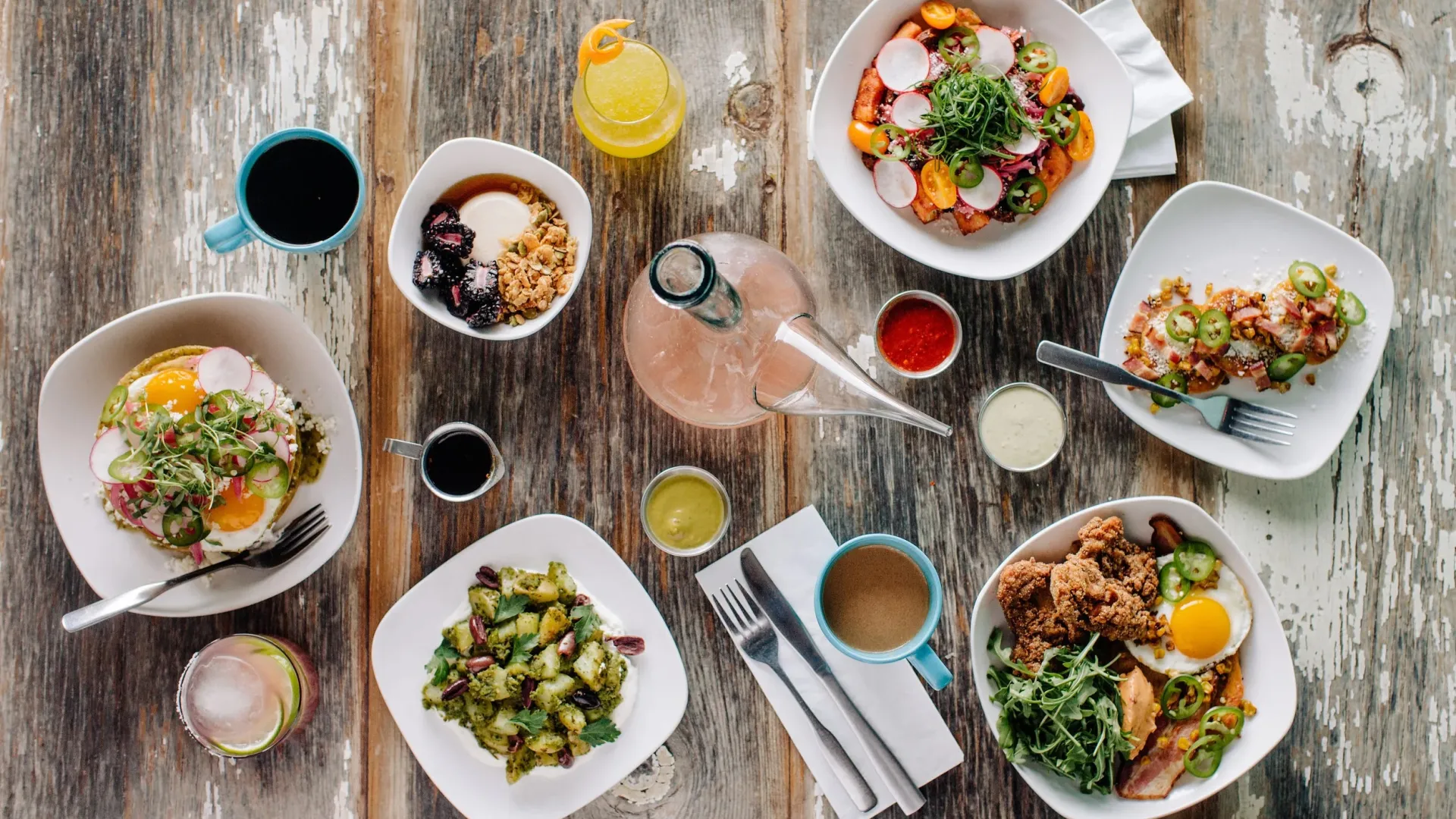 A brunch spread at Hola Arepa