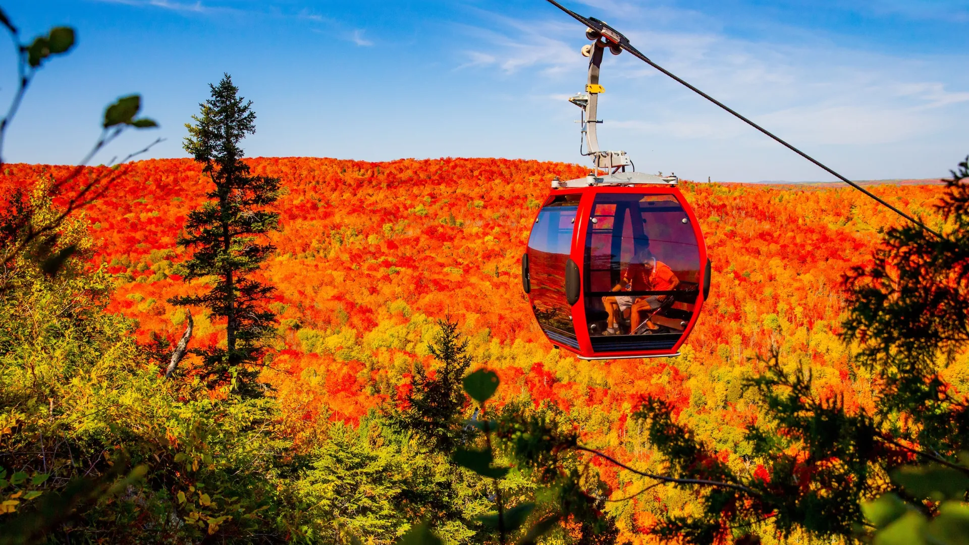 A gondola ride in the Lutsen Mountains during fall
