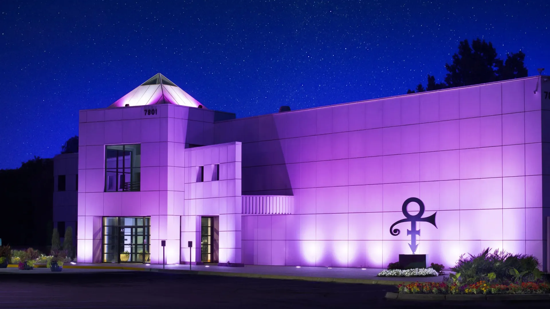 Paisley Park glows purple at night