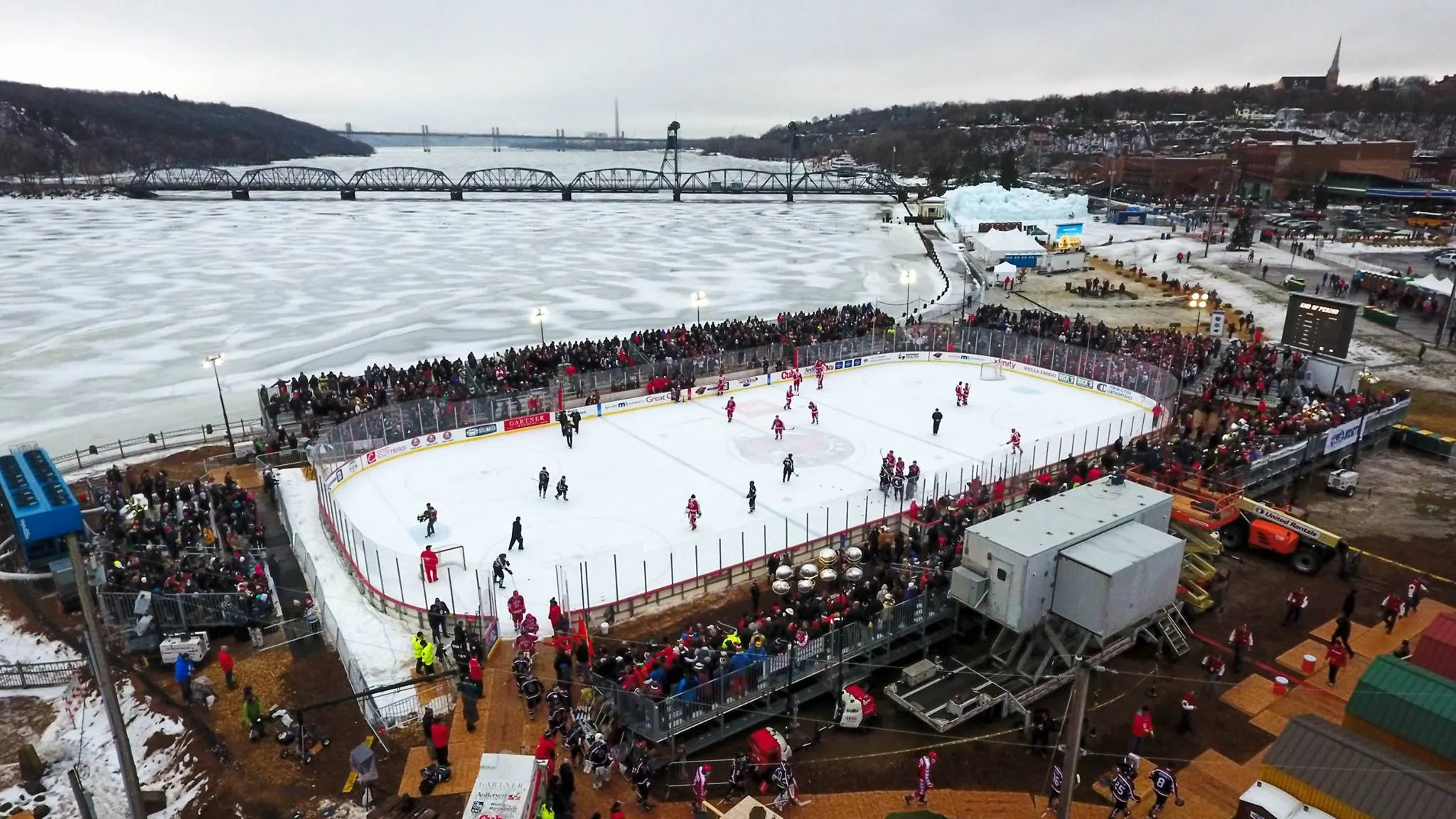 Aerial shot of a hockey rink on the St. Croix River