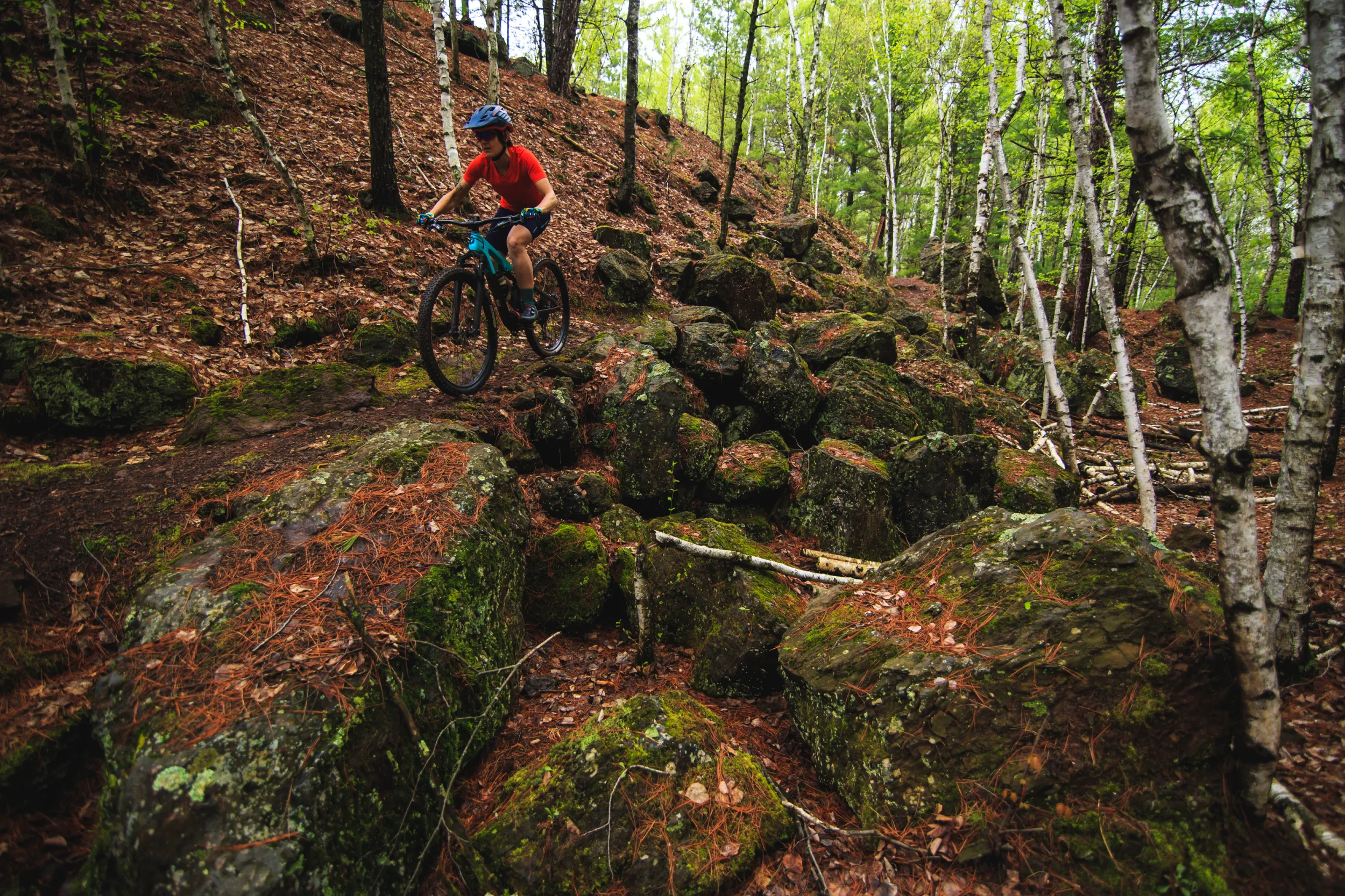 Riding down the rock garden at Cuyuna