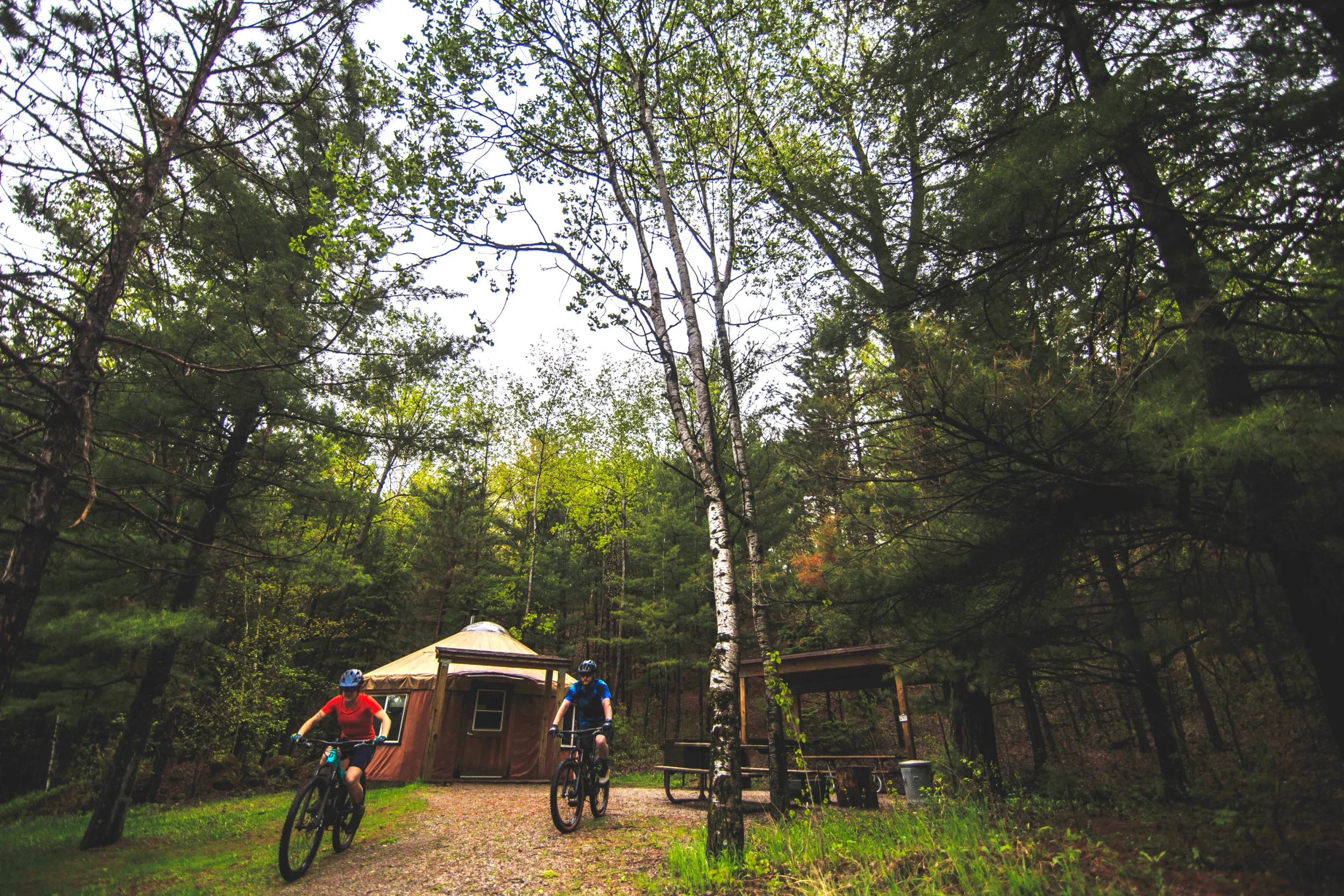 Mountain bikers with a yurt at Cuyuna