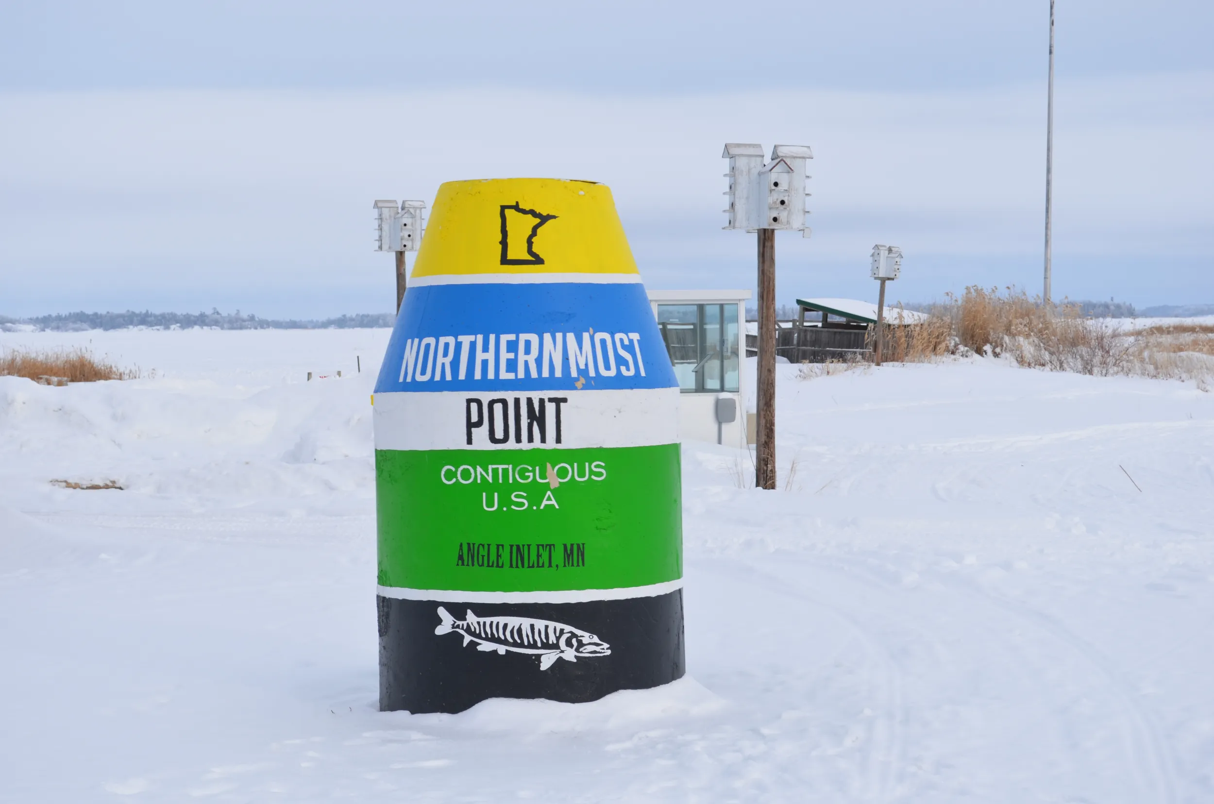Statue in the shape of a bouy marks the Northernmost Point in the lower 48 states