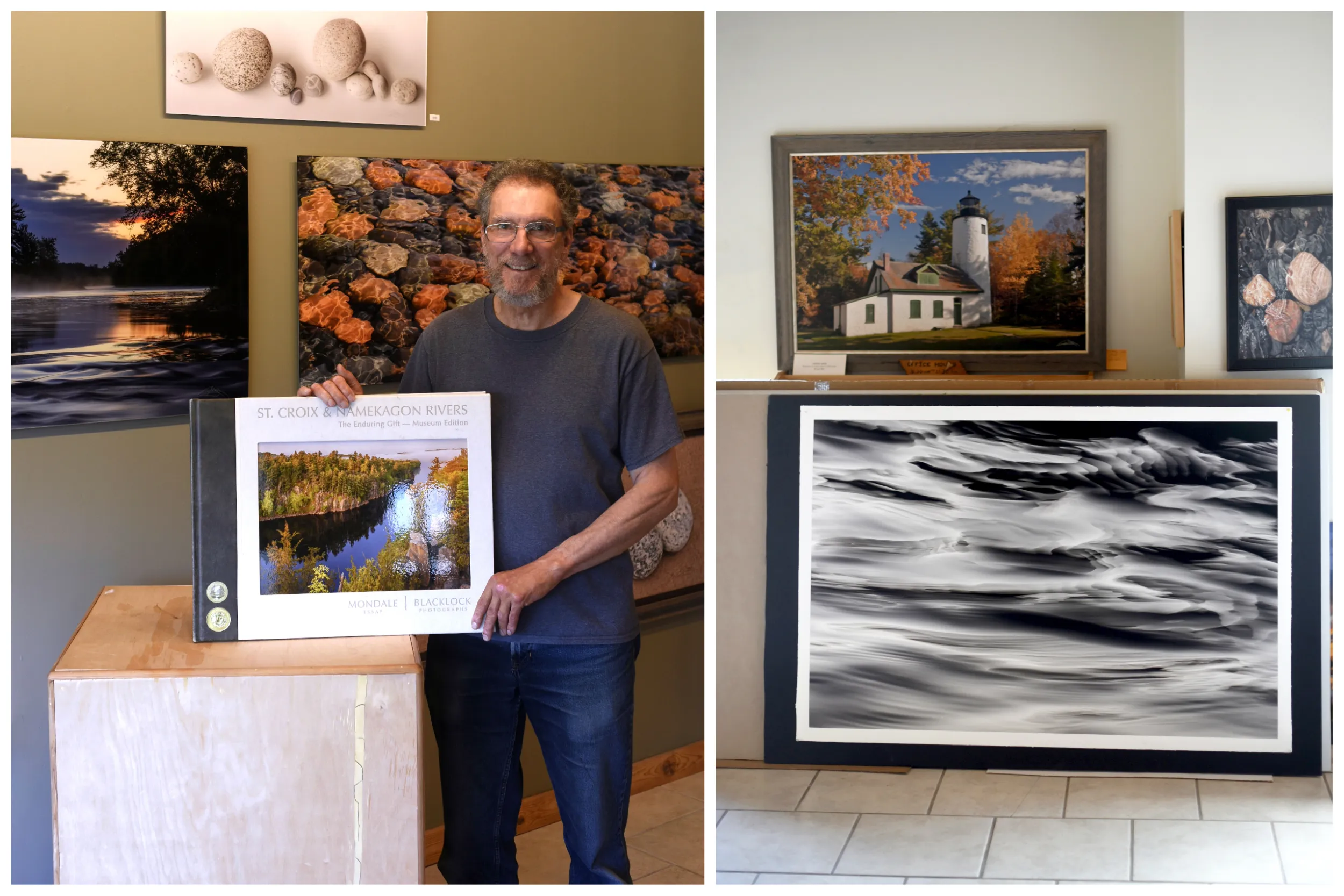 Man standing holding a painting in Blacklock Gallery, Moose Lake