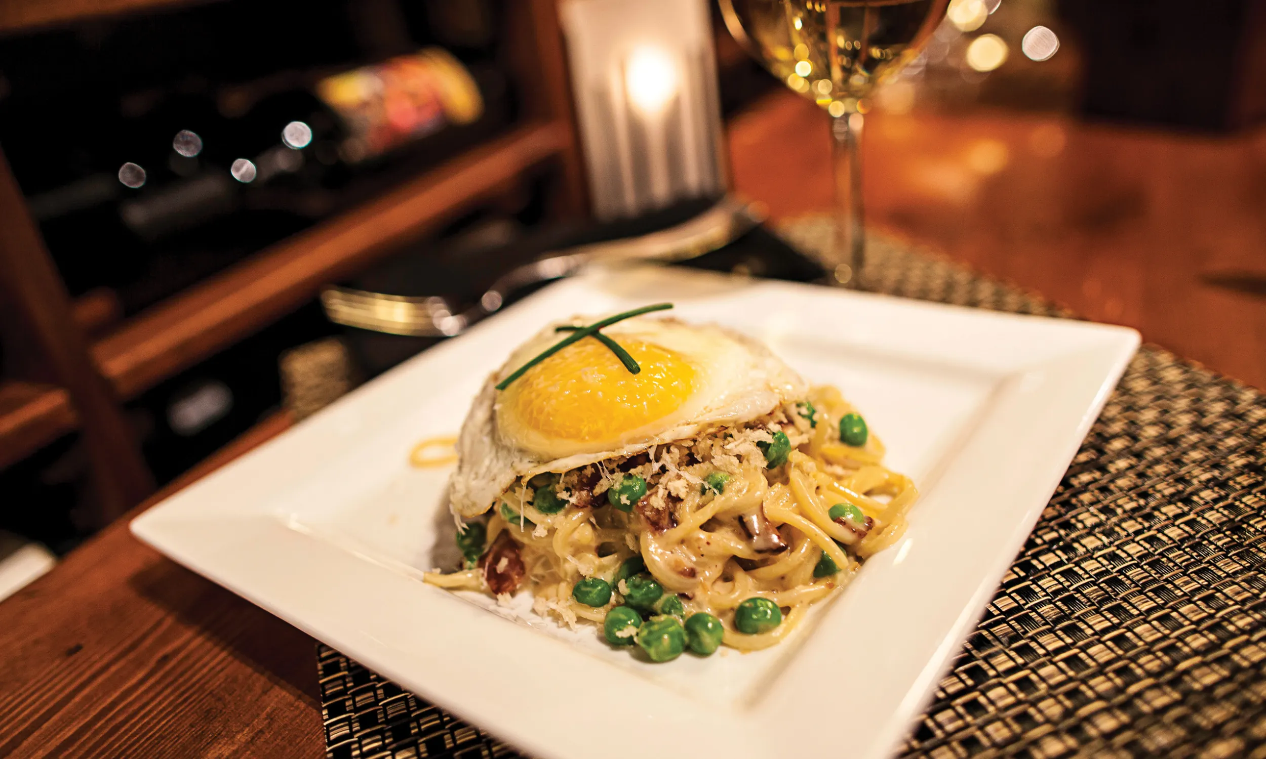 The carbonara pasta at Grand View's Cru restaurant