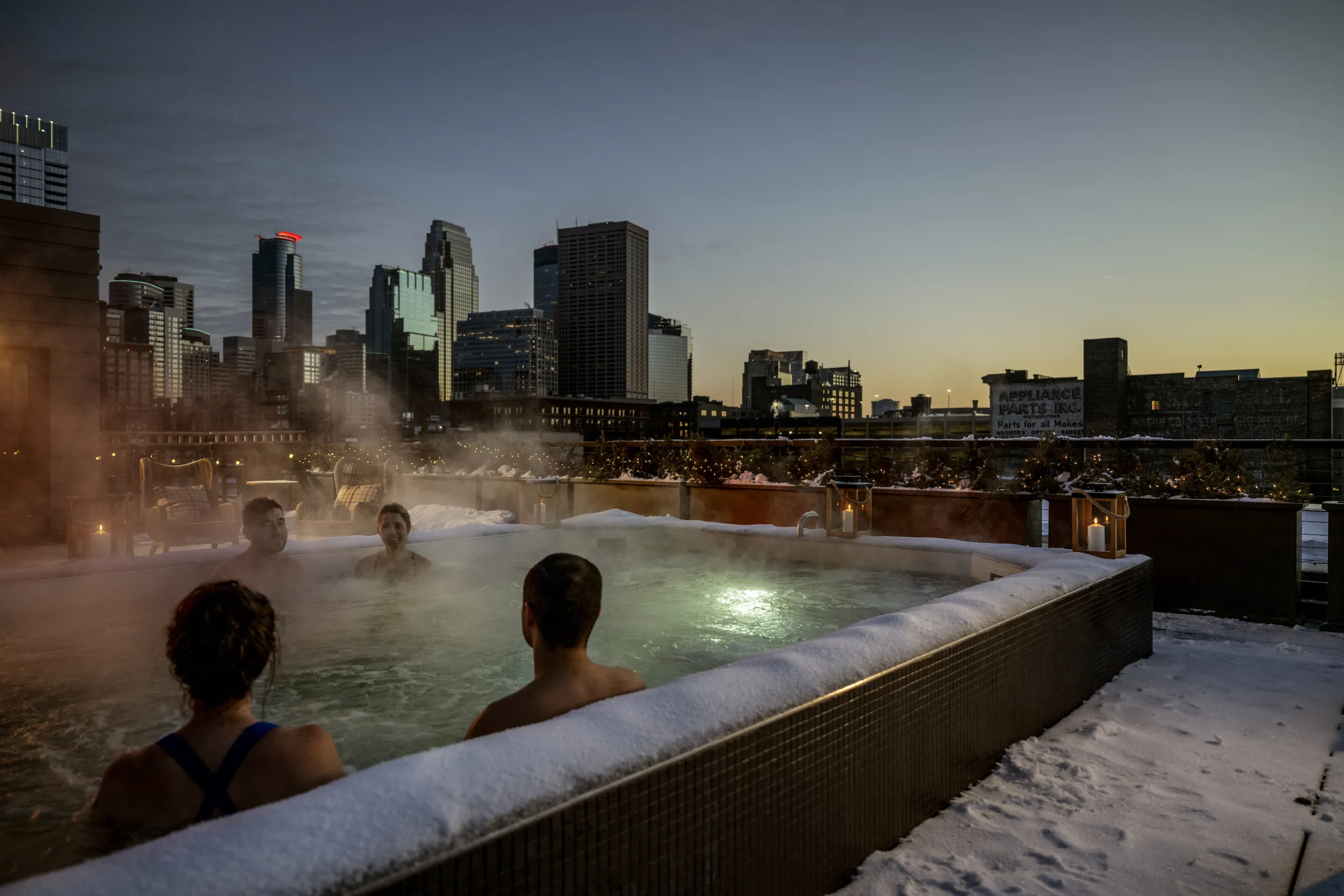 The hot tub on the roof of the Hewing Hotel in Minneapolis