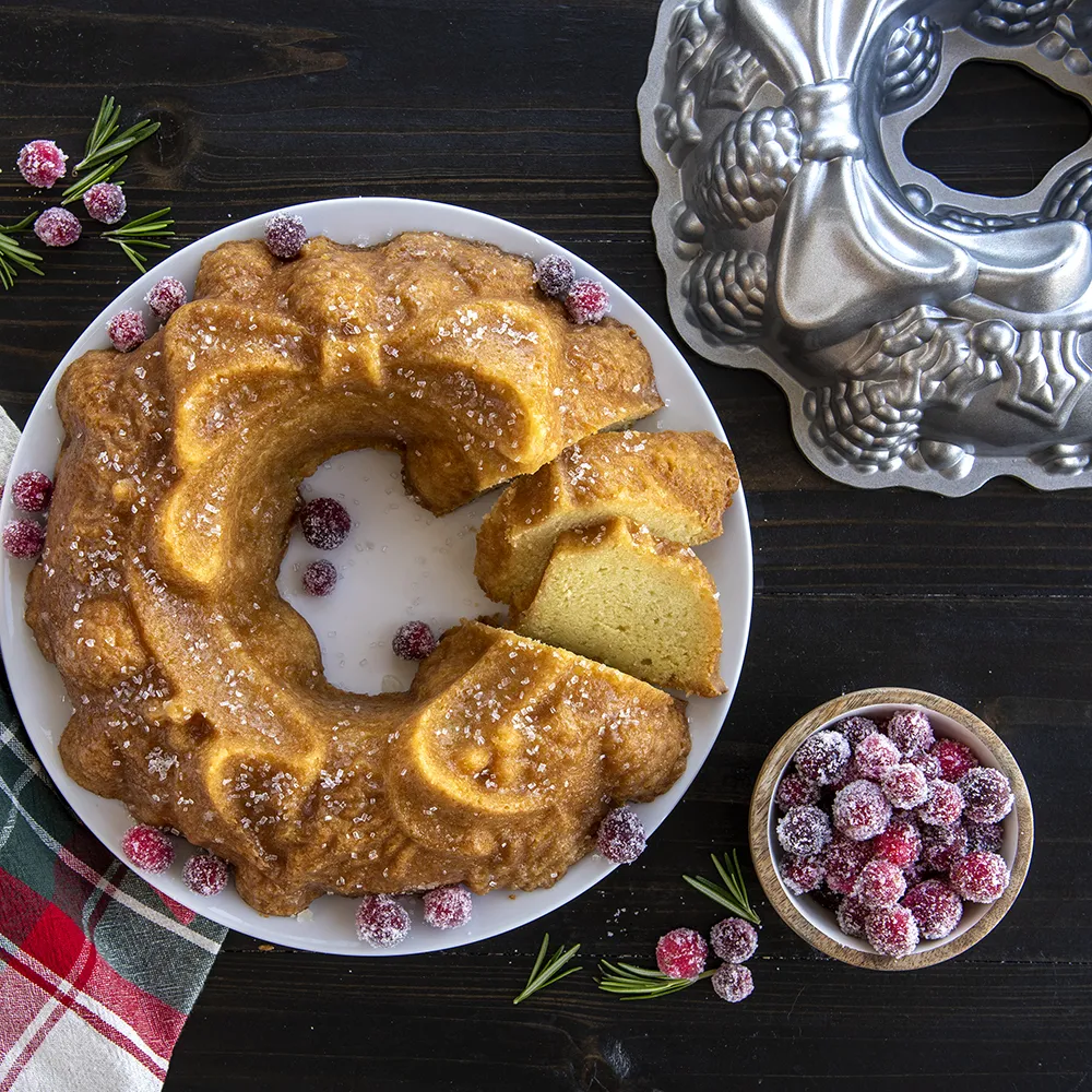 A rum wreath bundt cake made with a Nordic Ware pan