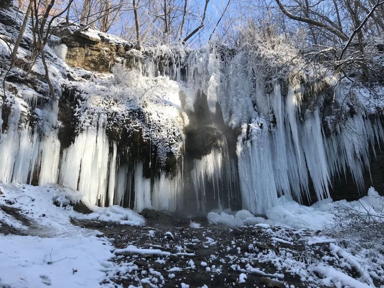 The waterfall at Shadow Falls Park in winter