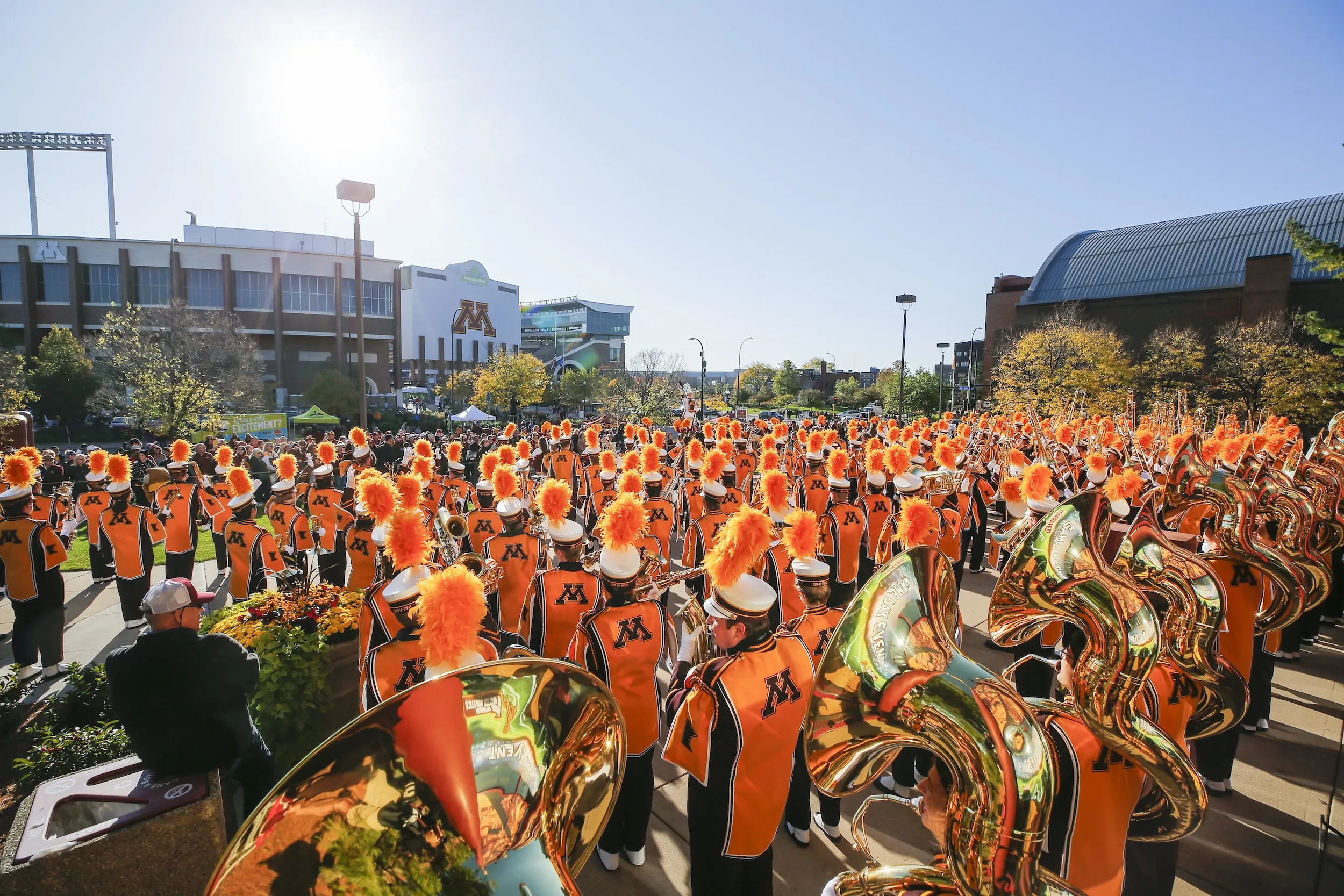 University of Minnesota's marching band lines up outside Huntington Bank Stadium