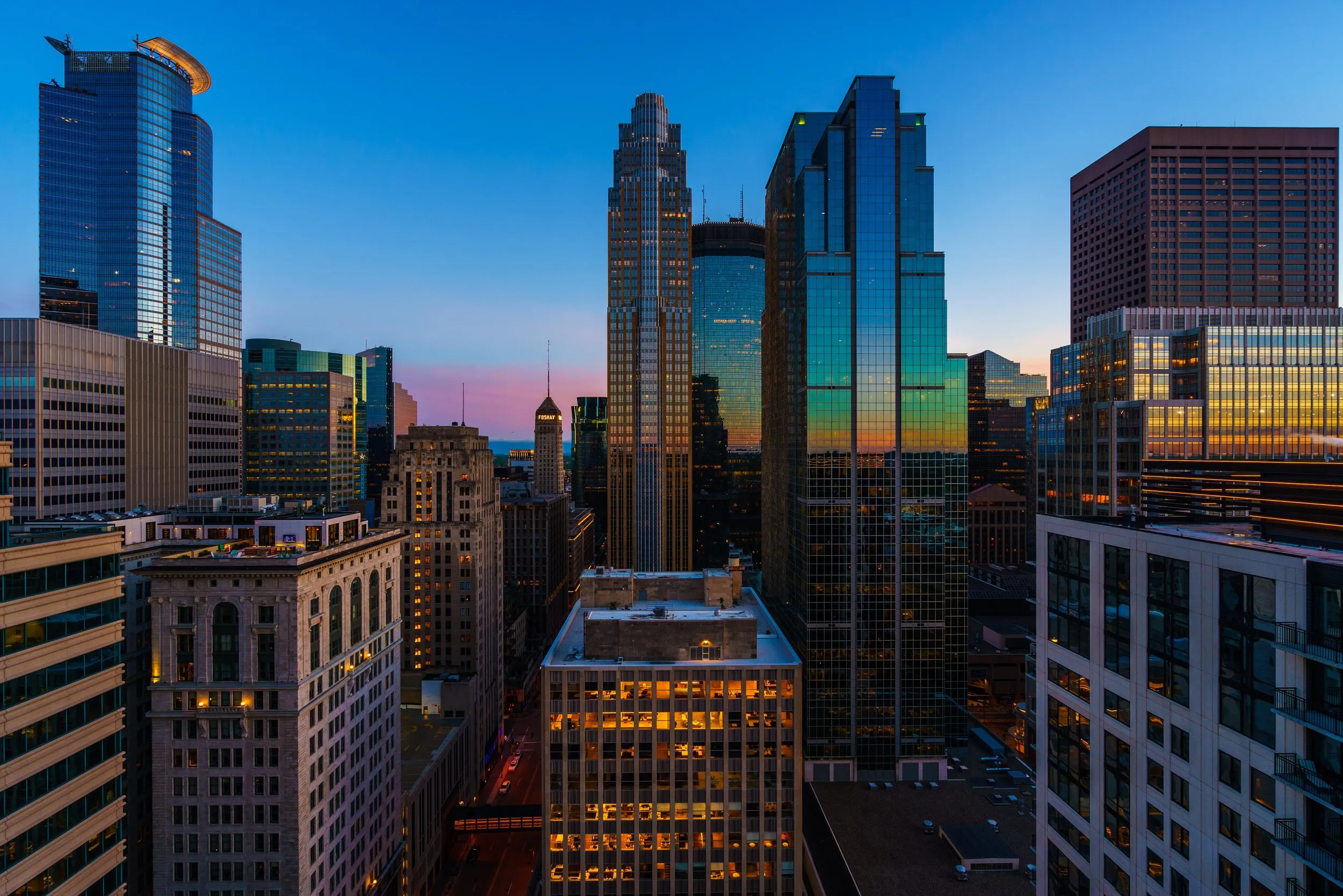 Downtown Minneapolis' skyline during the golden hour