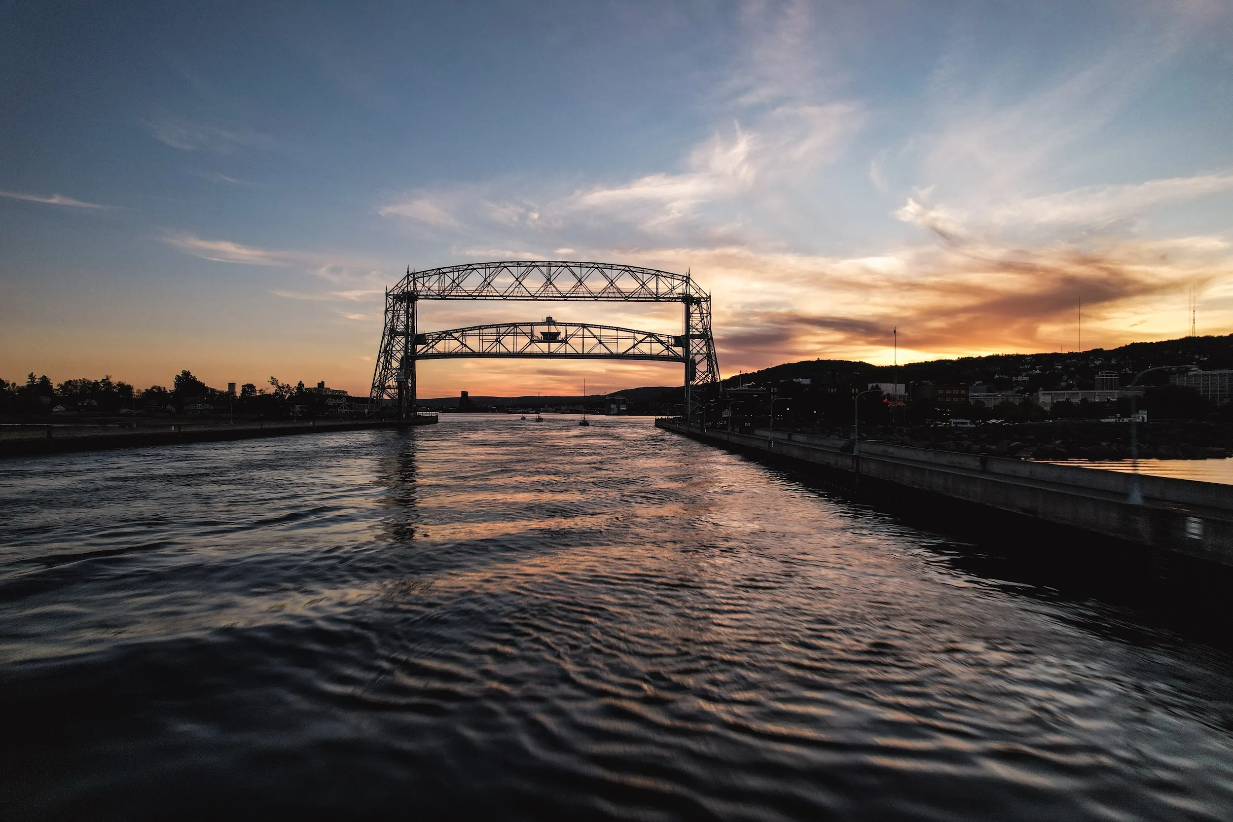 The sun sets over Duluth's Aerial Lift Bridge during fall