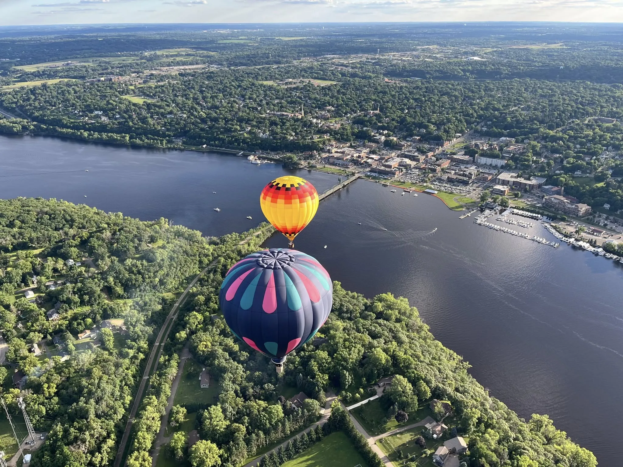 An aerial view of Stillwater during its popular Lumberjack Days festival