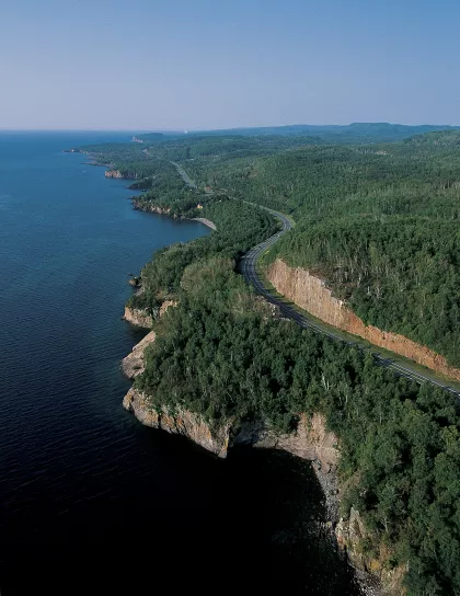 Aerial view of the North Shore Scenic Byway along Lake Superior