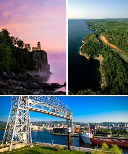 Een fotocollage van de vuurtoren van Split Rock, een luchtfoto van de North Shore Scenic Byway en de Aerial Lift Bridge in Duluth