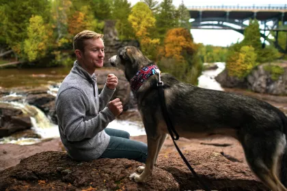 Man and dog at Gooseberry Falls State Park